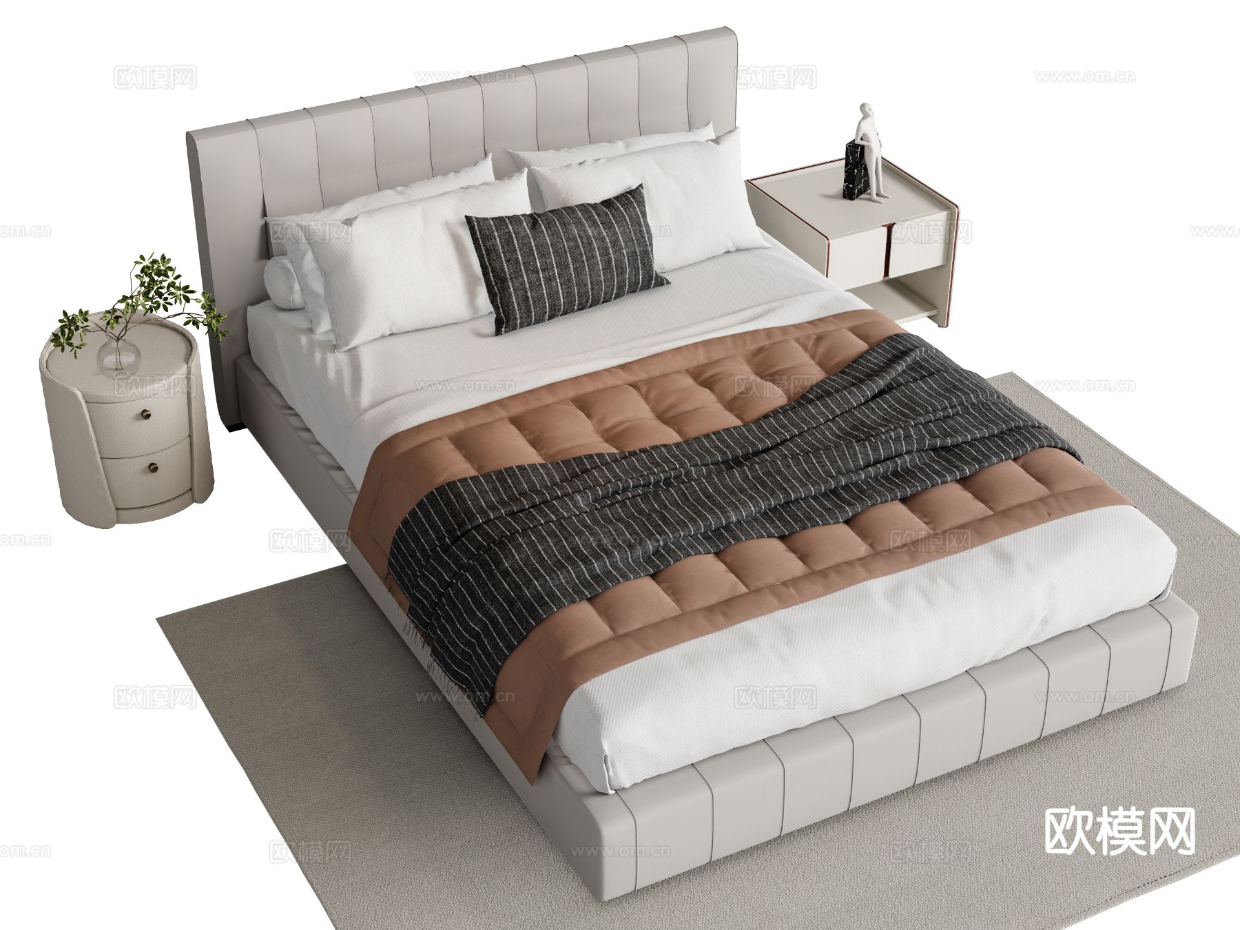 现代单人床 床头柜su模型下载（渲染图2）