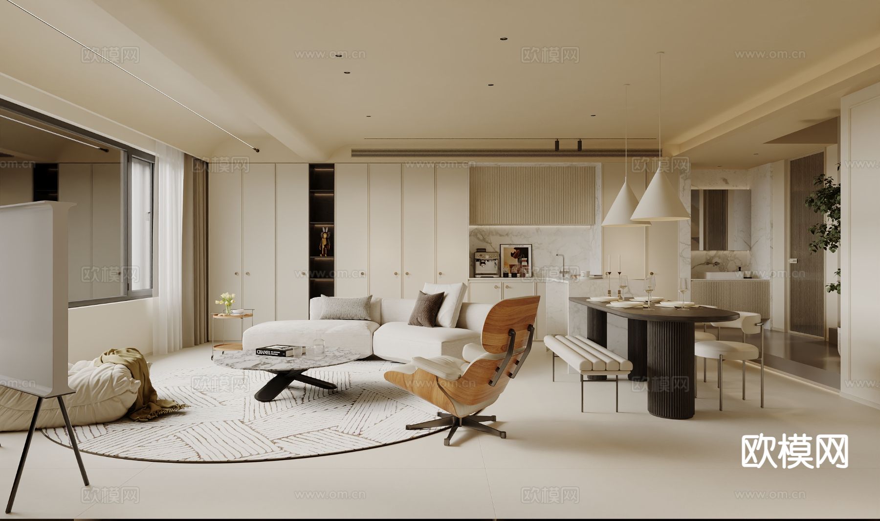 奶油风客餐厅3d模型下载（渲染图5）