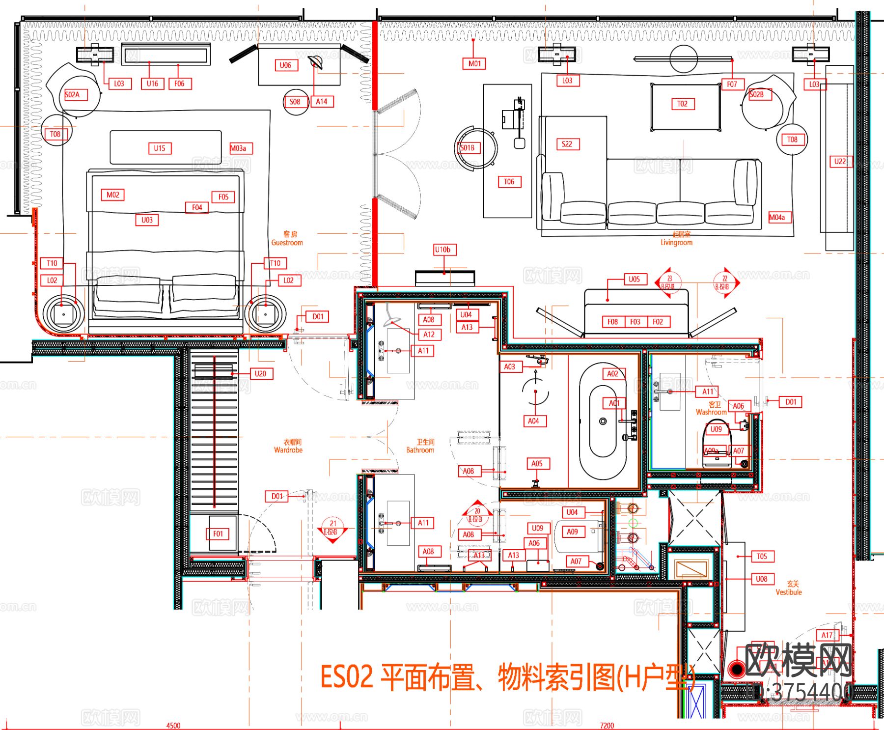 酒店客房cad平面图