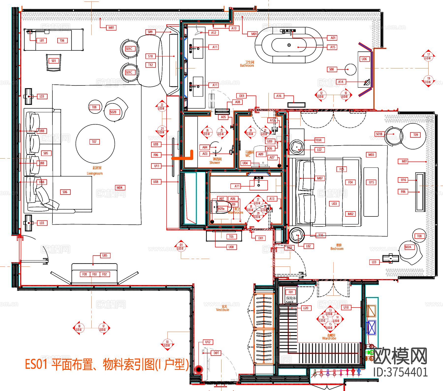 酒店客房cad平面图