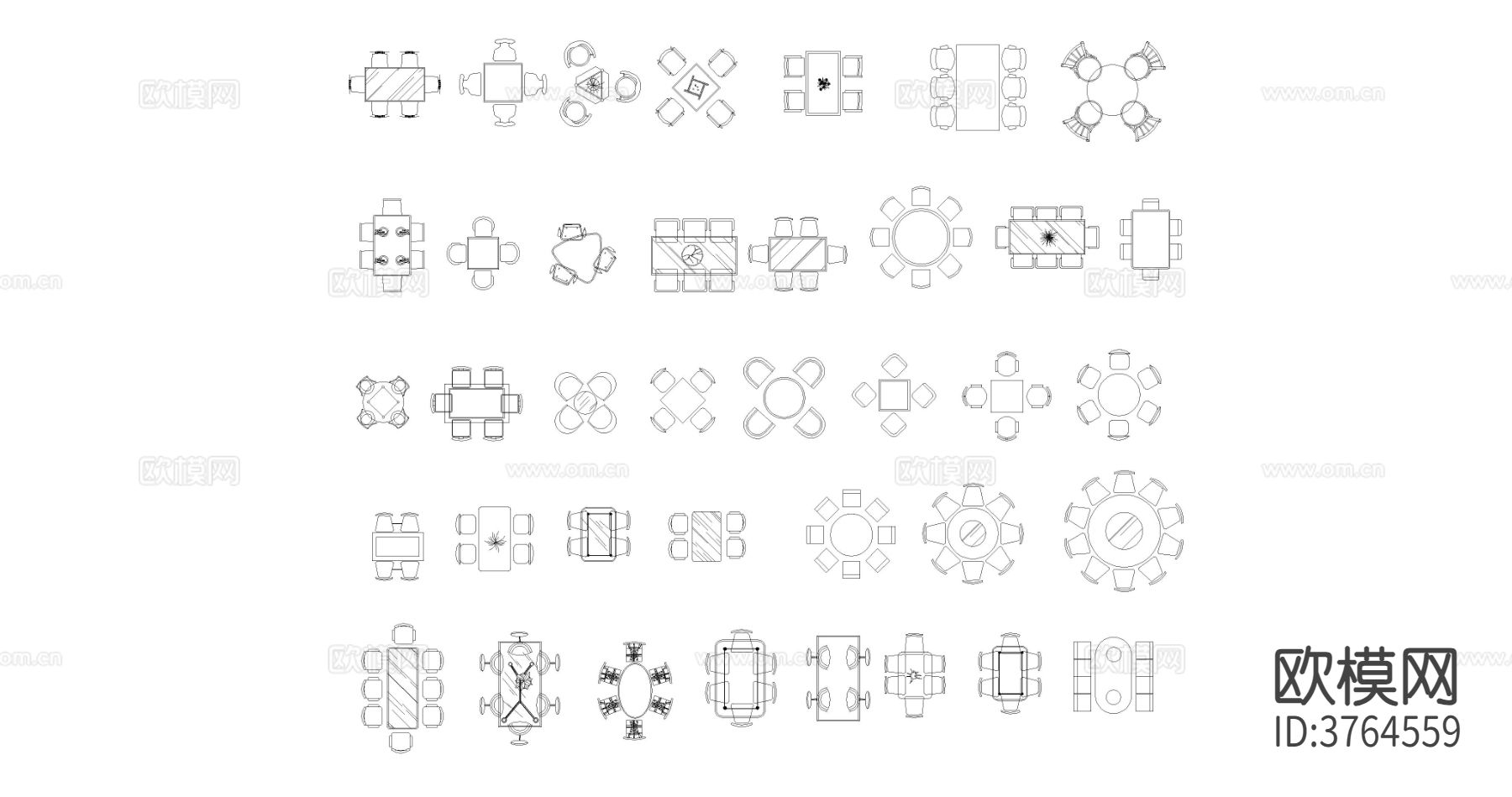 餐厅桌椅组合cad图库下载