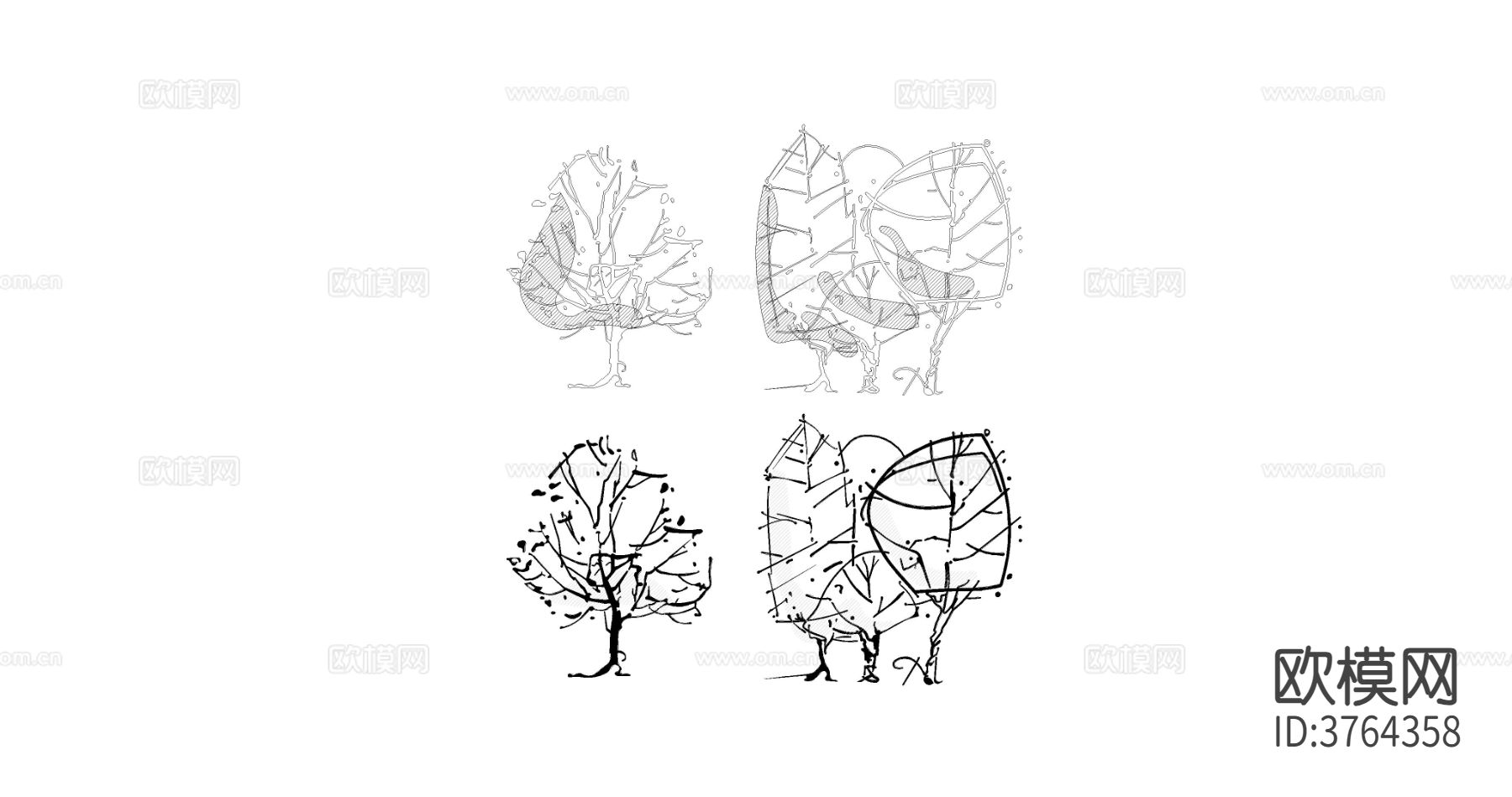 树木立面手绘草图cad图库下载