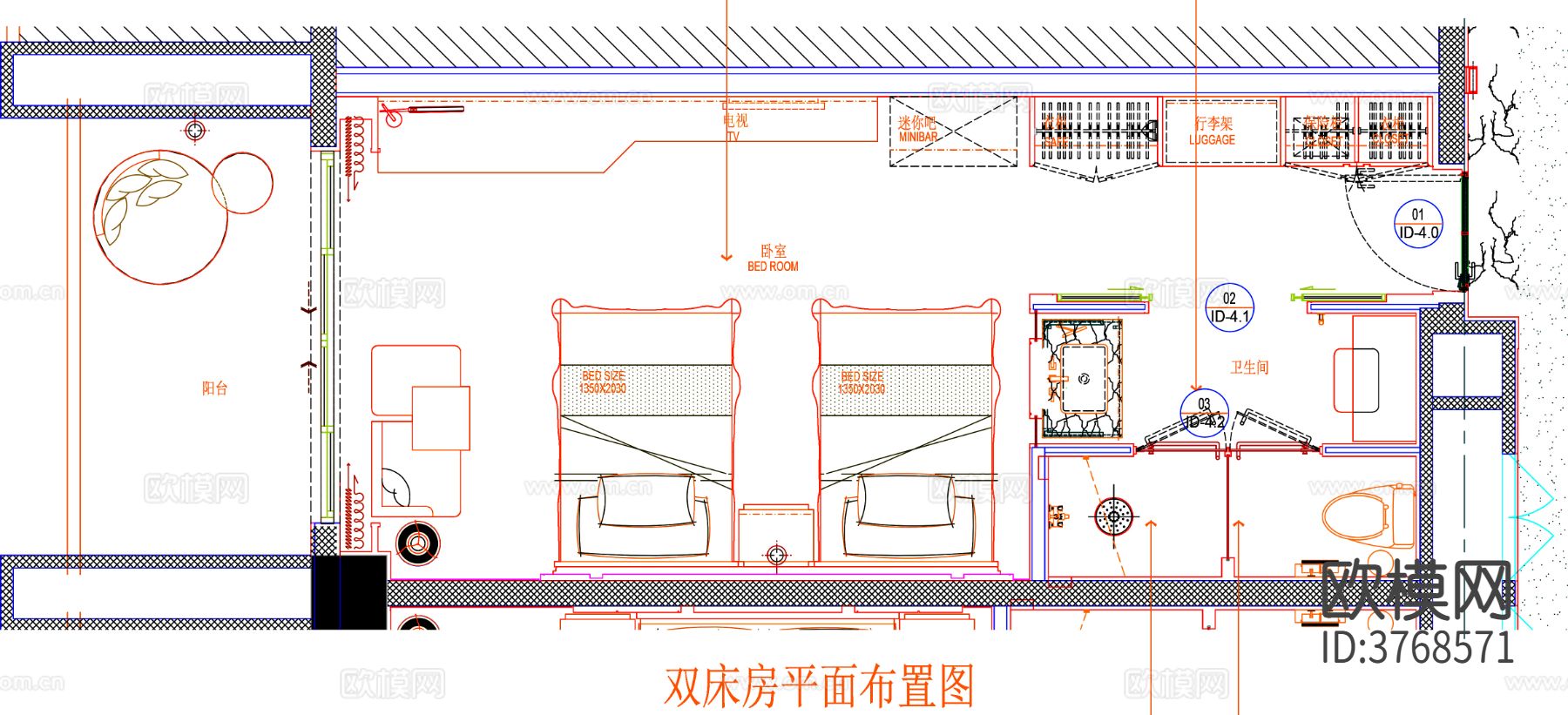 酒店客房cad平面图