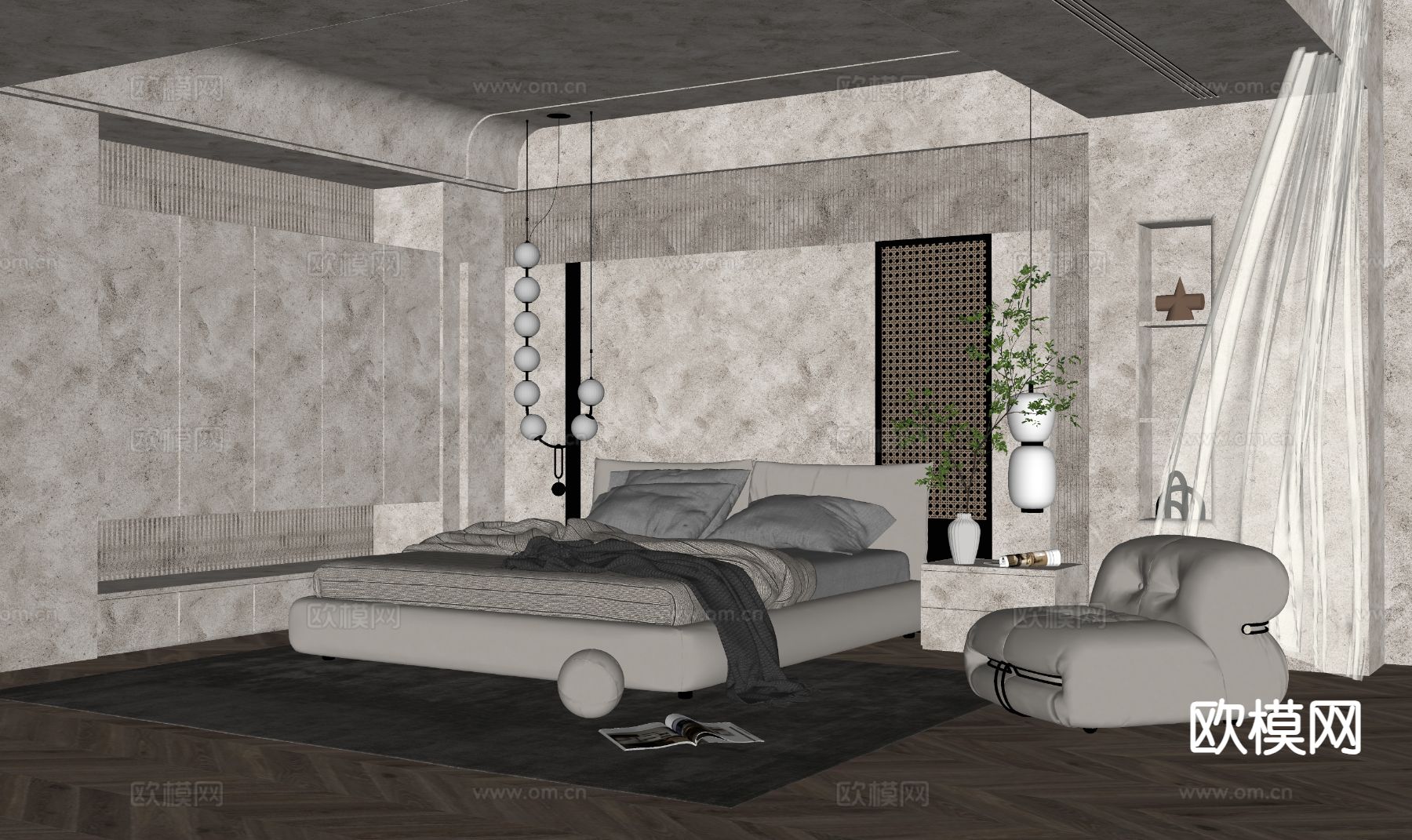 工业风卧室 主卧su模型下载（渲染图1）
