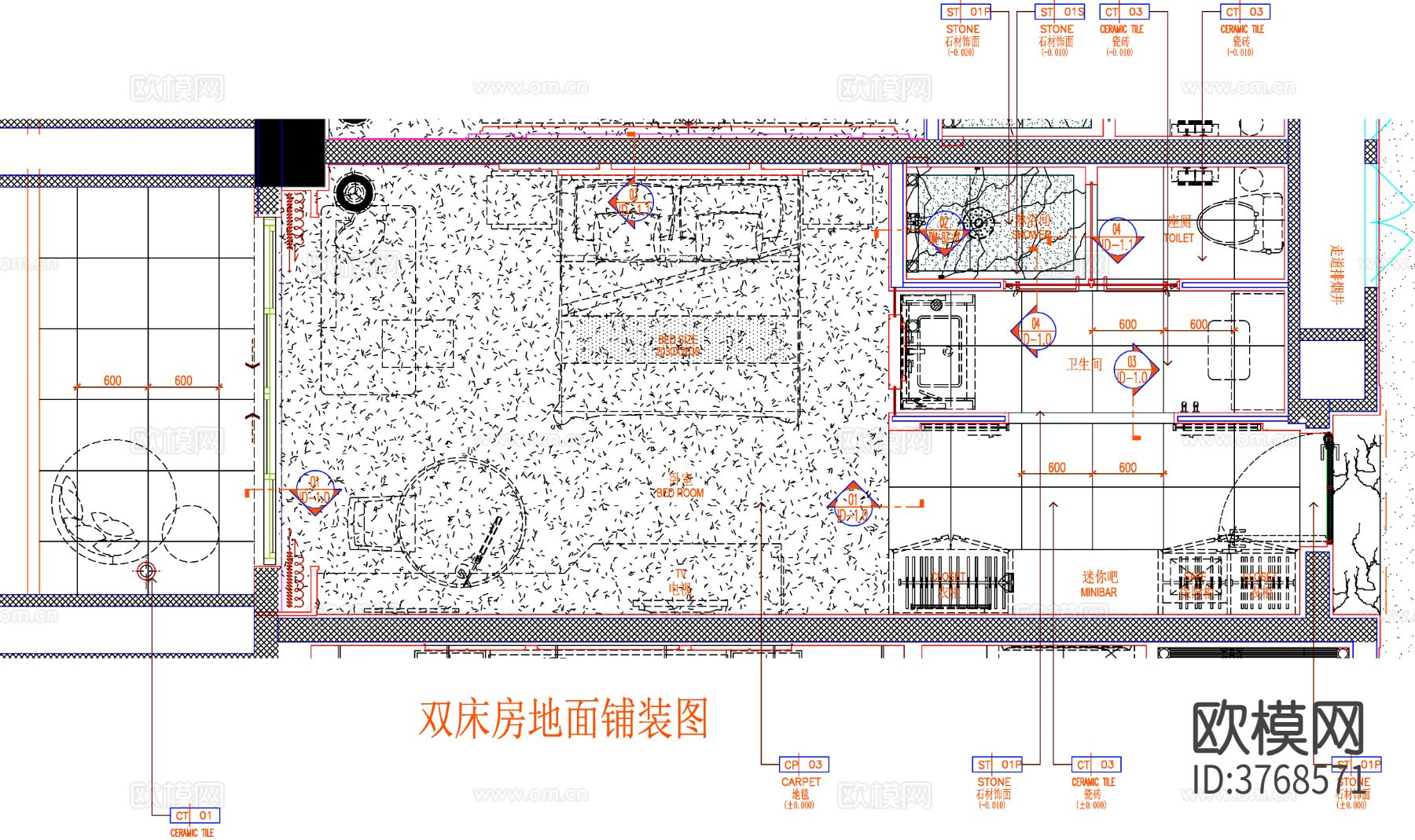 酒店客房cad平面图