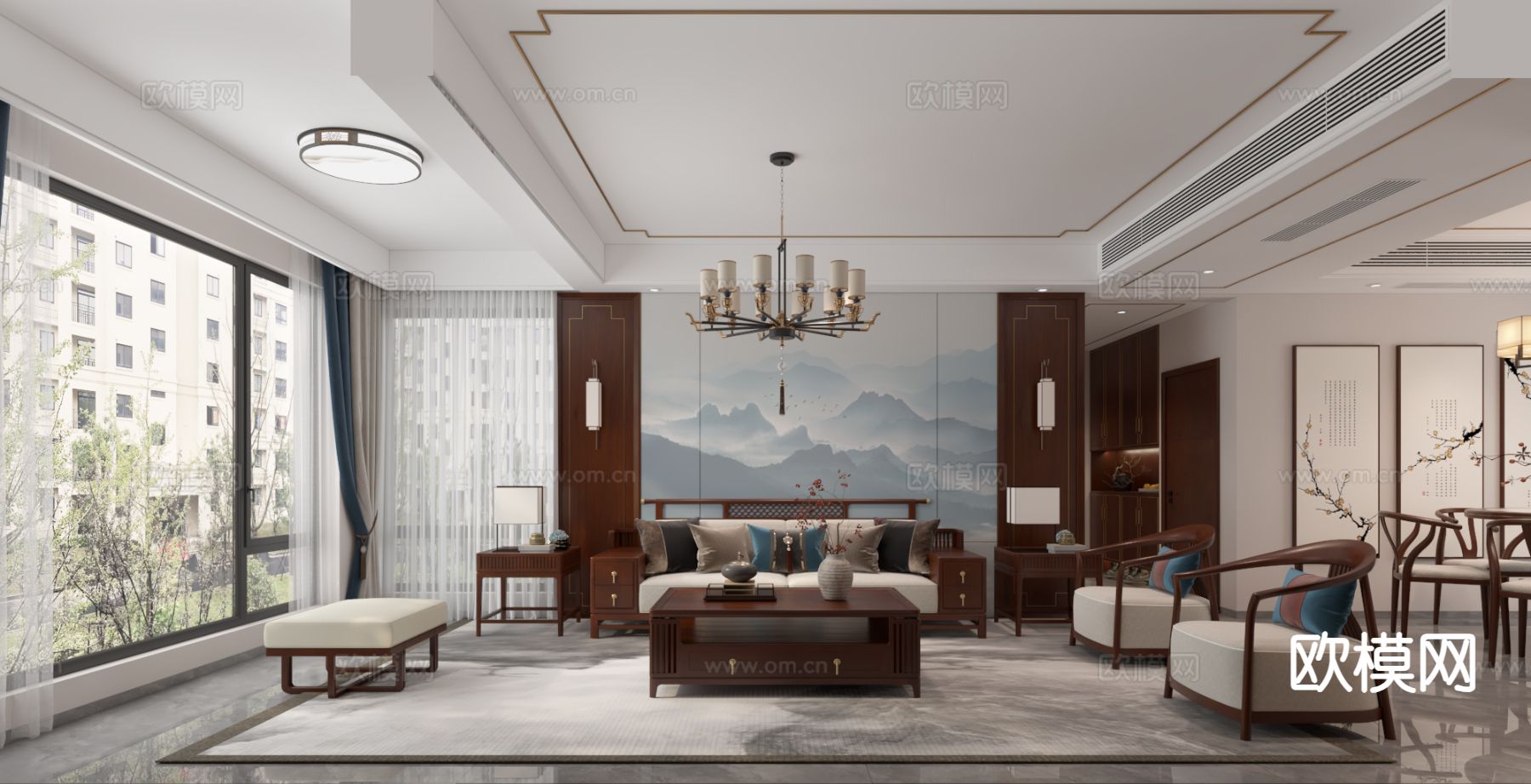 新中式客餐厅3d模型下载（渲染图1）