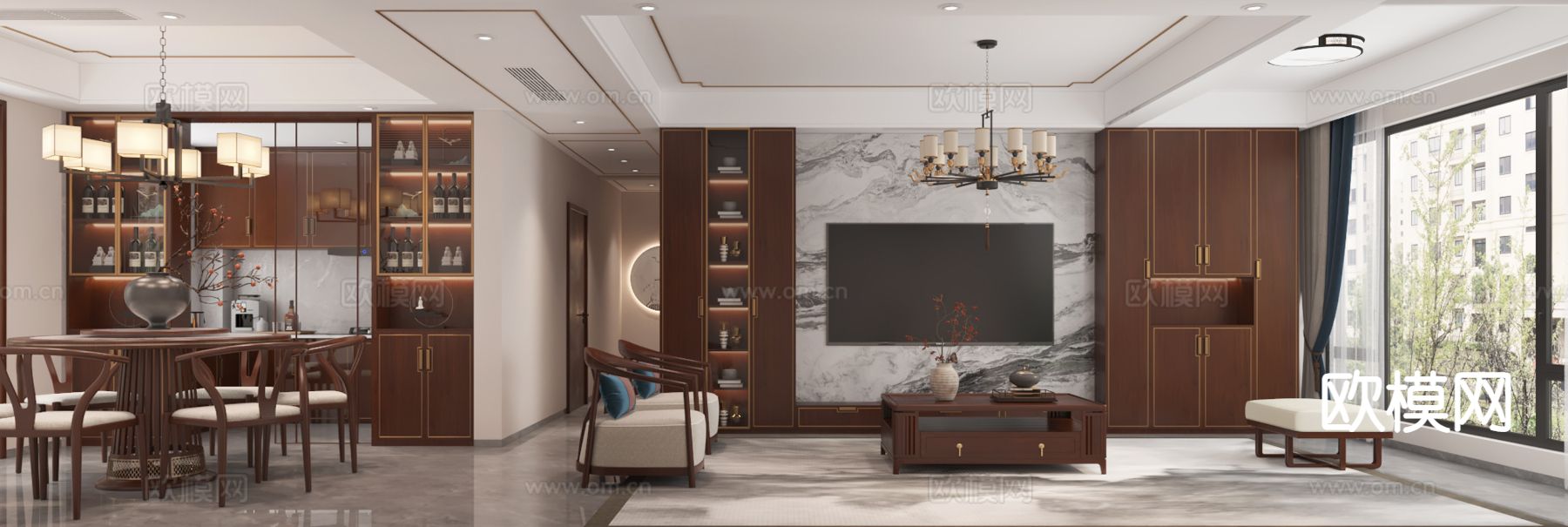 新中式客餐厅3d模型下载（渲染图2）
