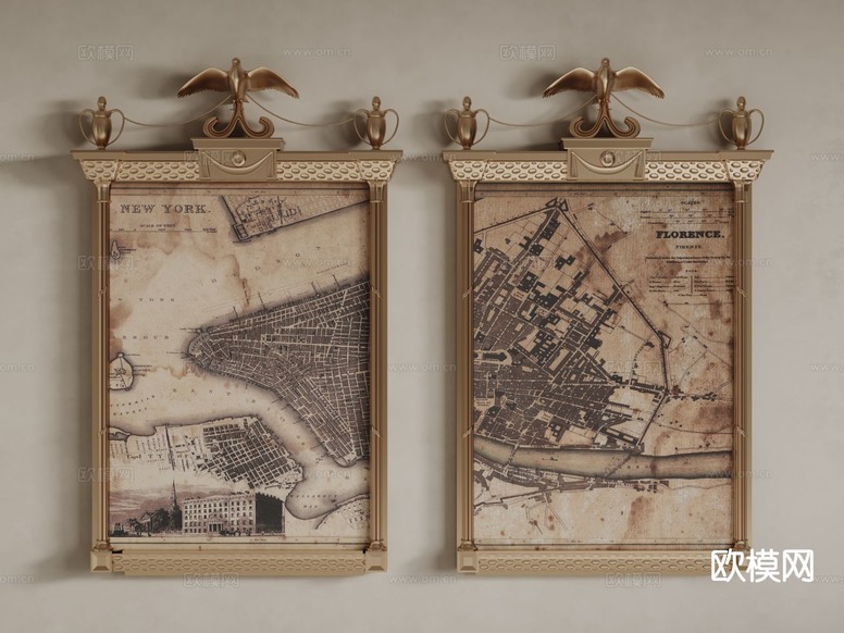 欧式装饰画 框画 床头挂画 地图3d模型下载