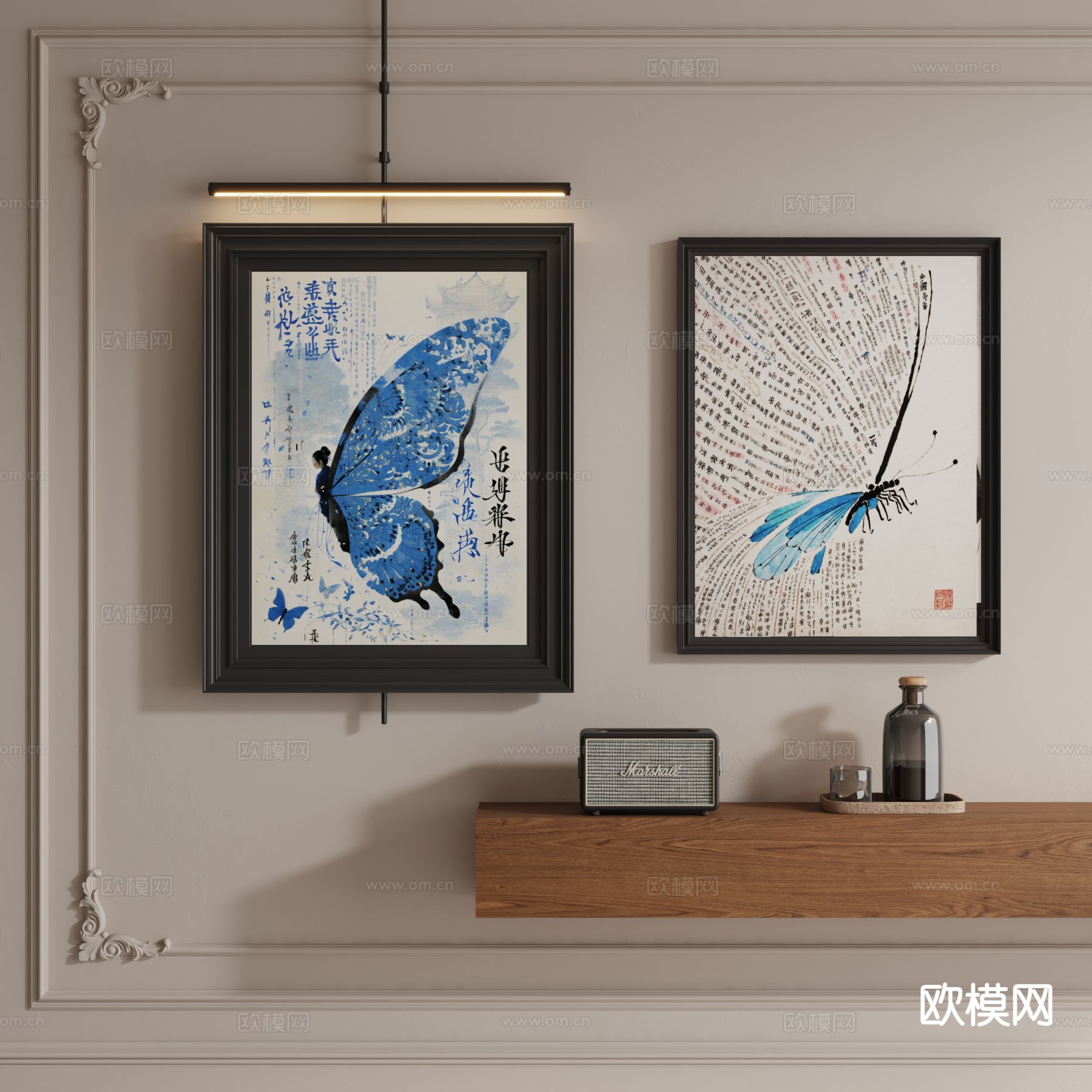 新中式蝴蝶挂画 金属吊杆画3d模型