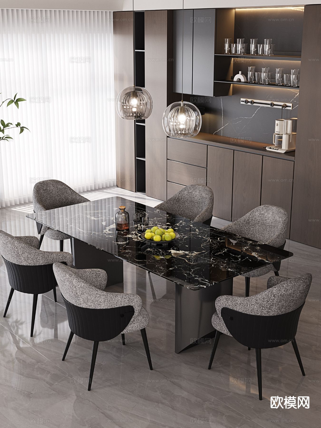 现代长条餐桌椅3d模型下载