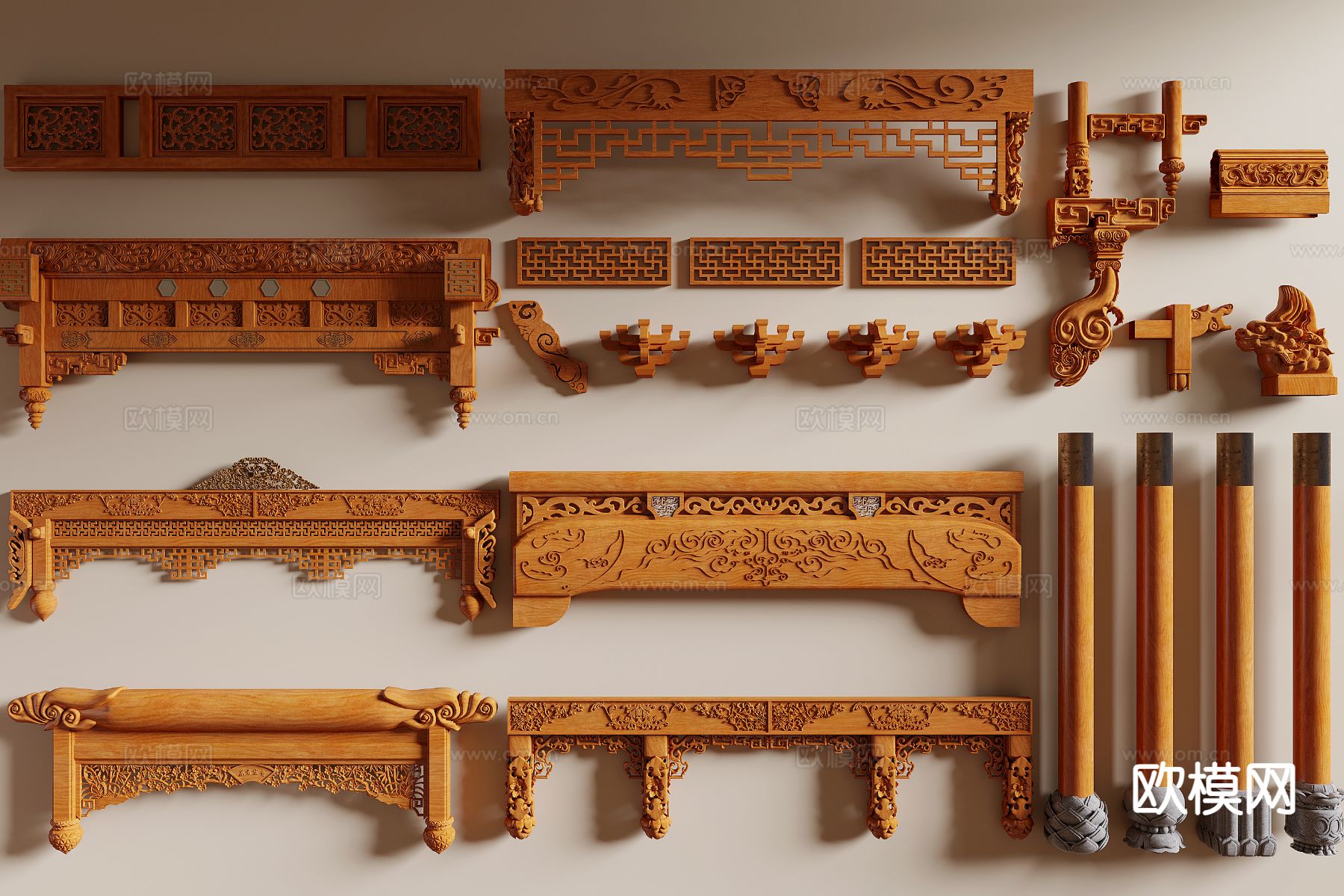 中式雕花横梁 木梁 斗拱3d模型下载