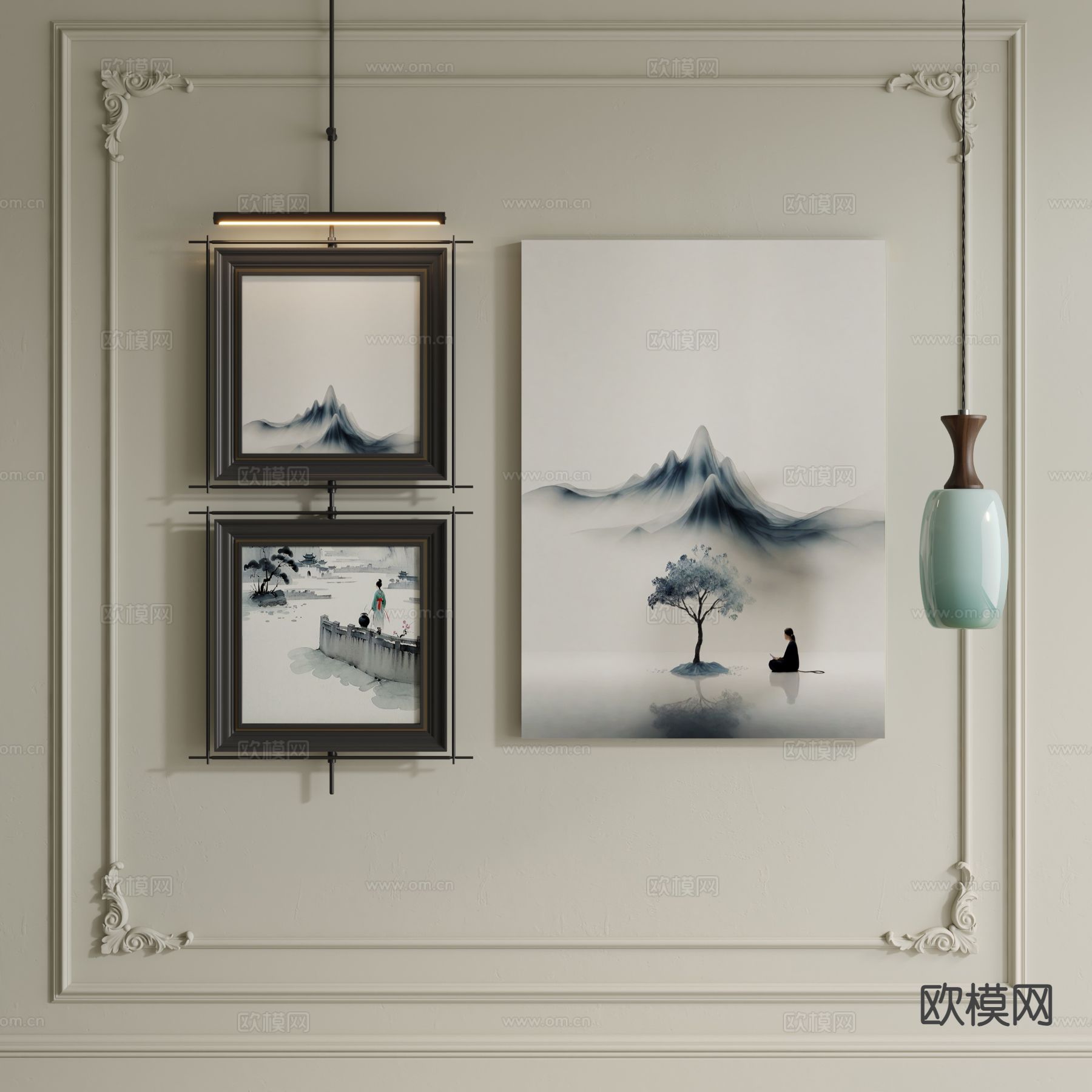 新中式水墨画 吊杆装饰画 山水挂画3d模型