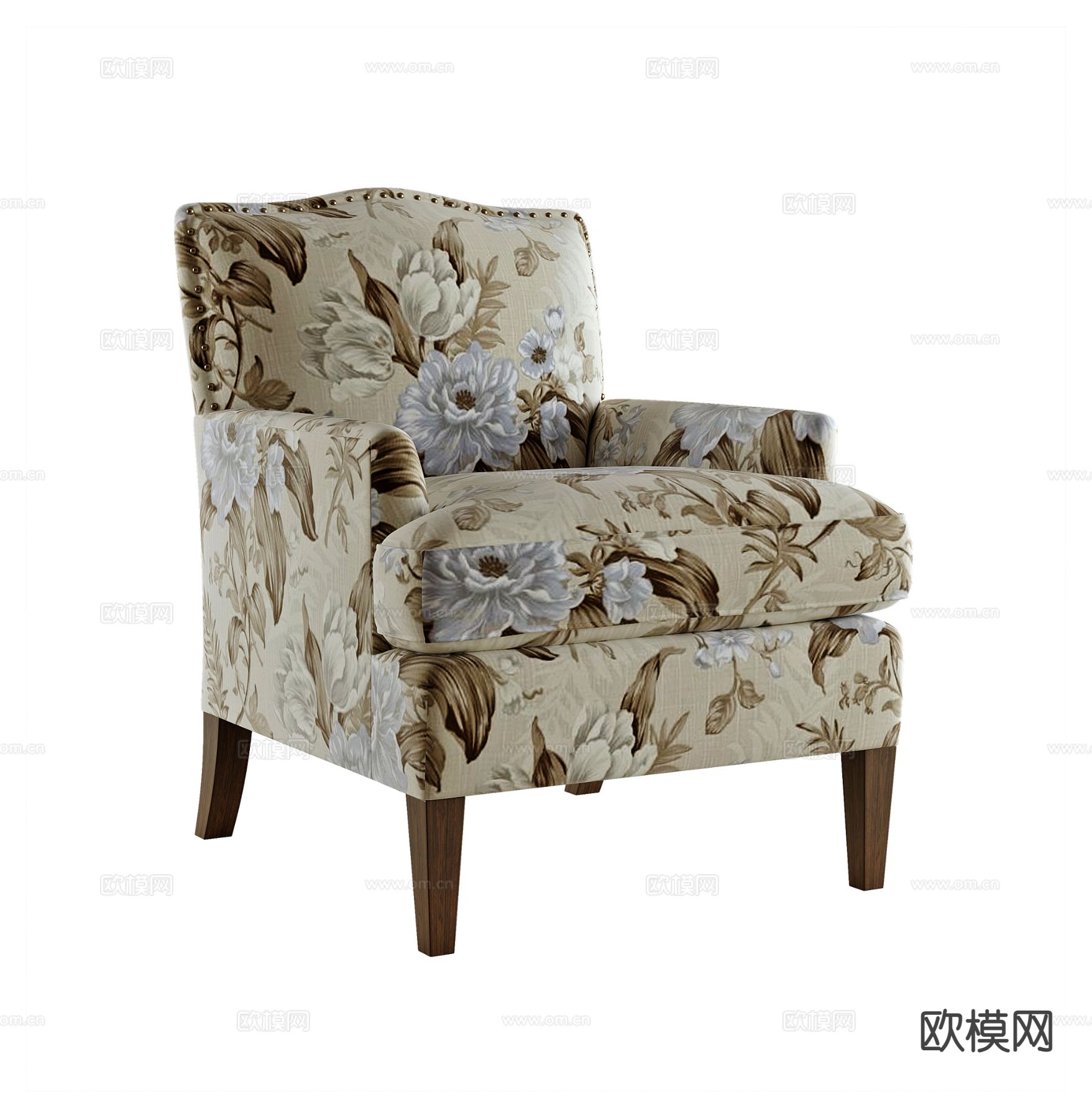 美式单人沙发 花纹布艺沙发3d模型下载