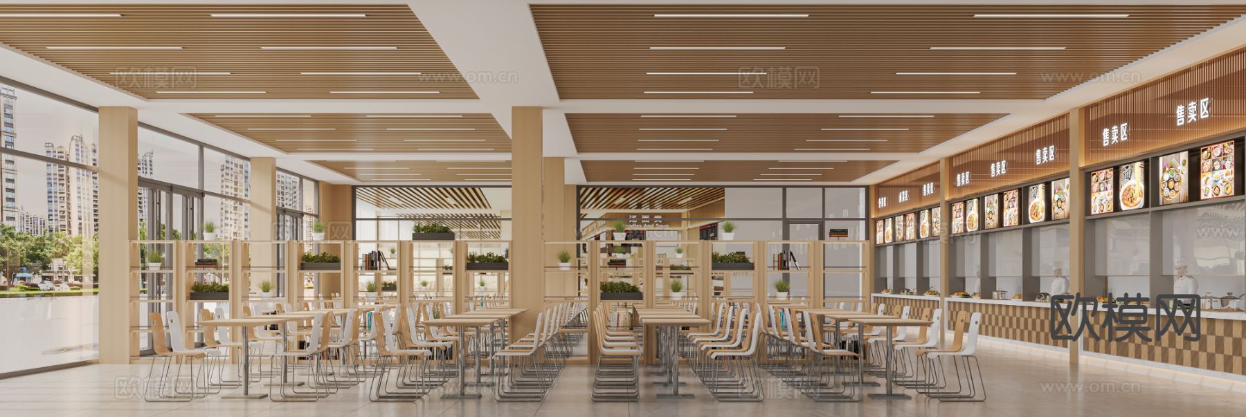 现代员工餐厅 学校食堂3d模型下载（渲染图1）