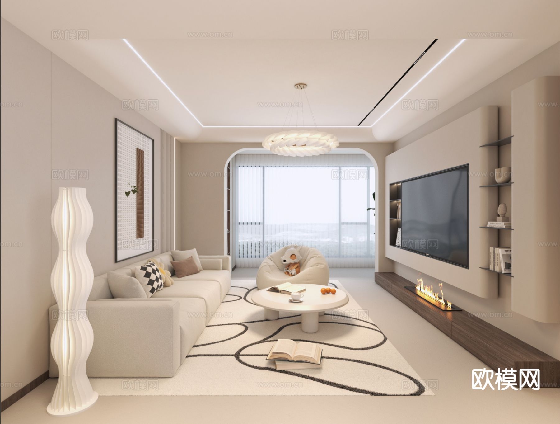 奶油风客餐厅3d模型下载（渲染图1）