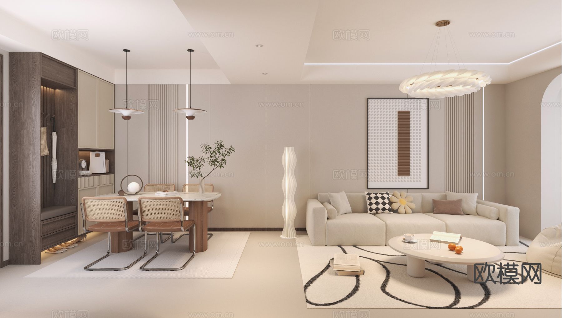 奶油风客餐厅3d模型下载（渲染图2）