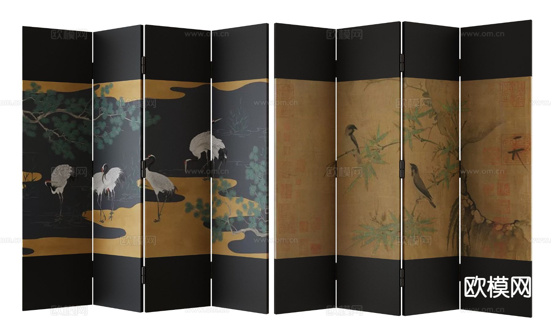 新中式折叠屏风3d模型下载