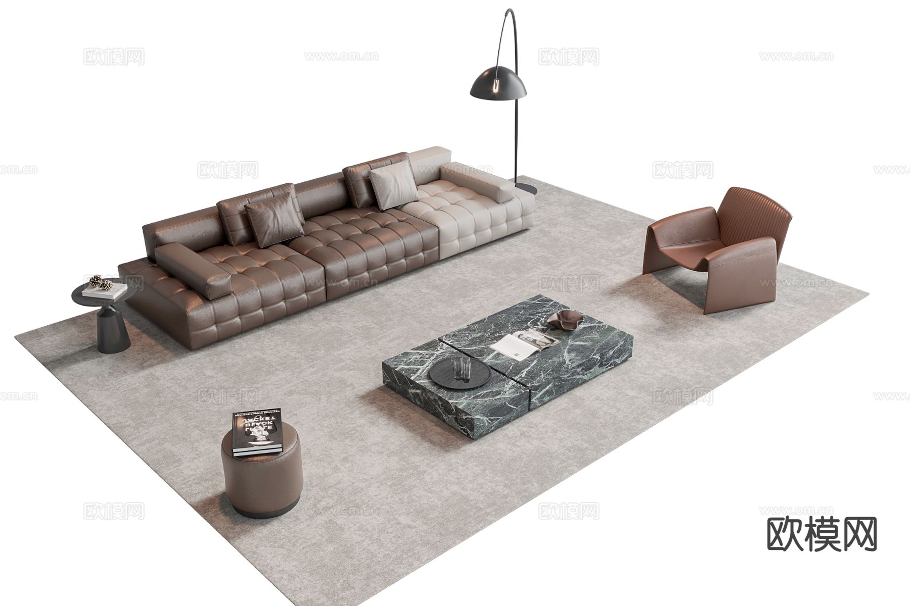 意式组合沙发 沙发茶几组合 沙发凳3d模型下载