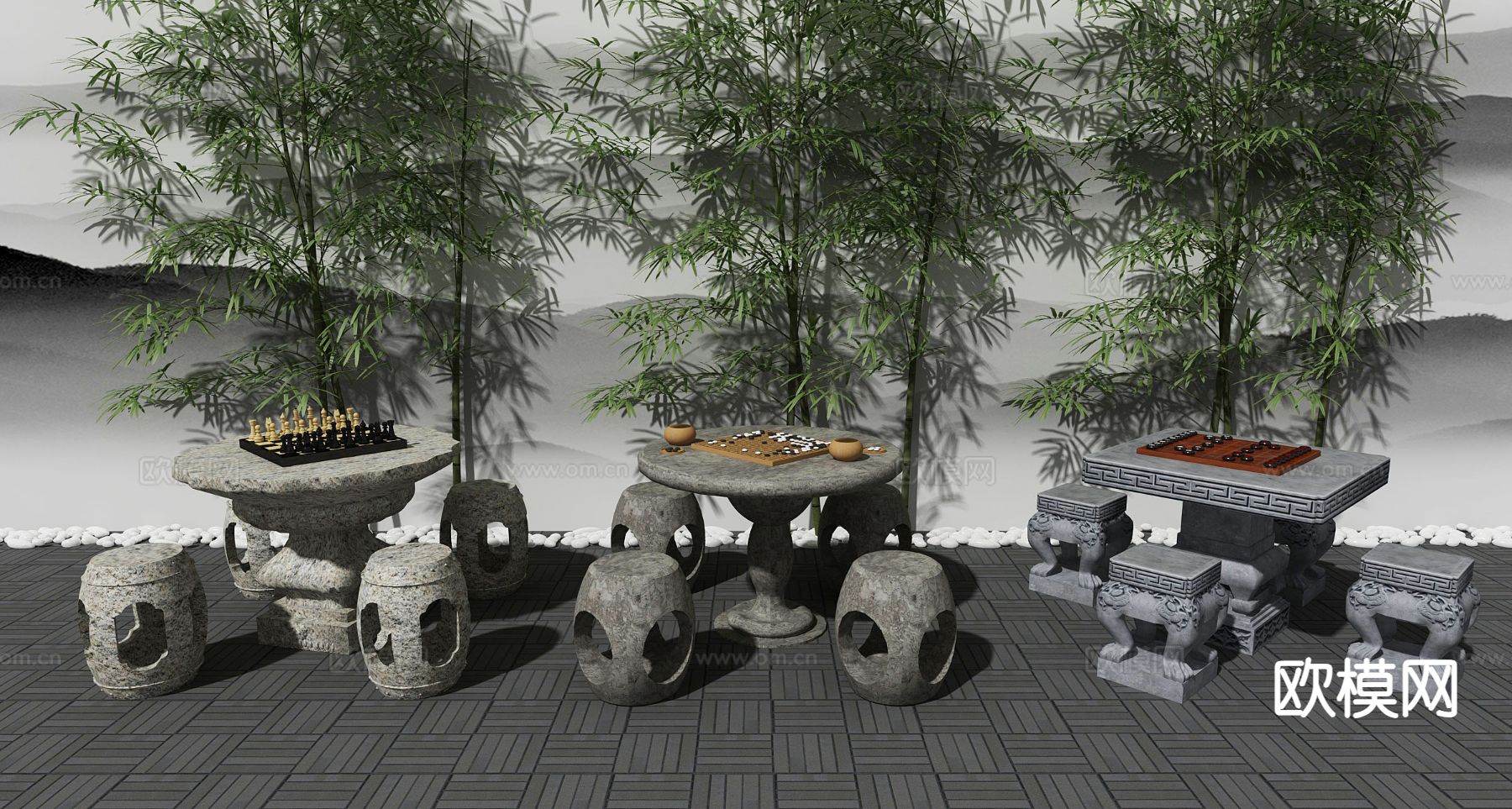 新中式石桌 石凳 象棋围棋桌3d模型下载（渲染图2）