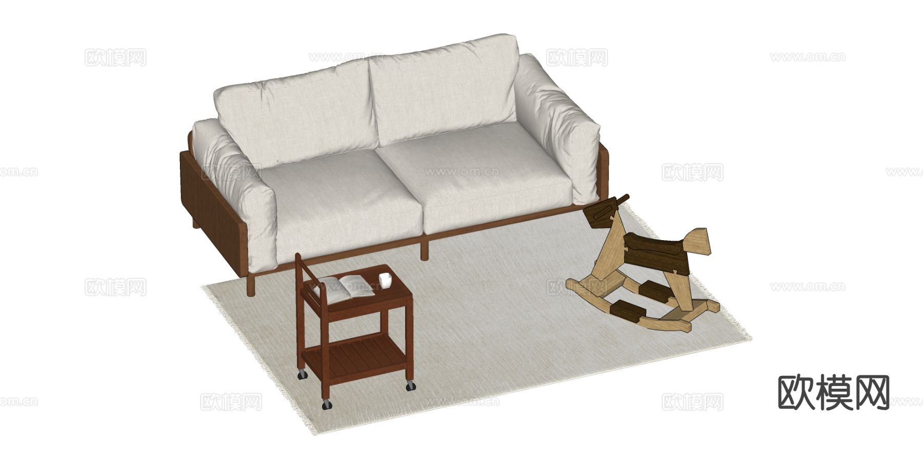 原木风双人沙发su模型下载（渲染图1）