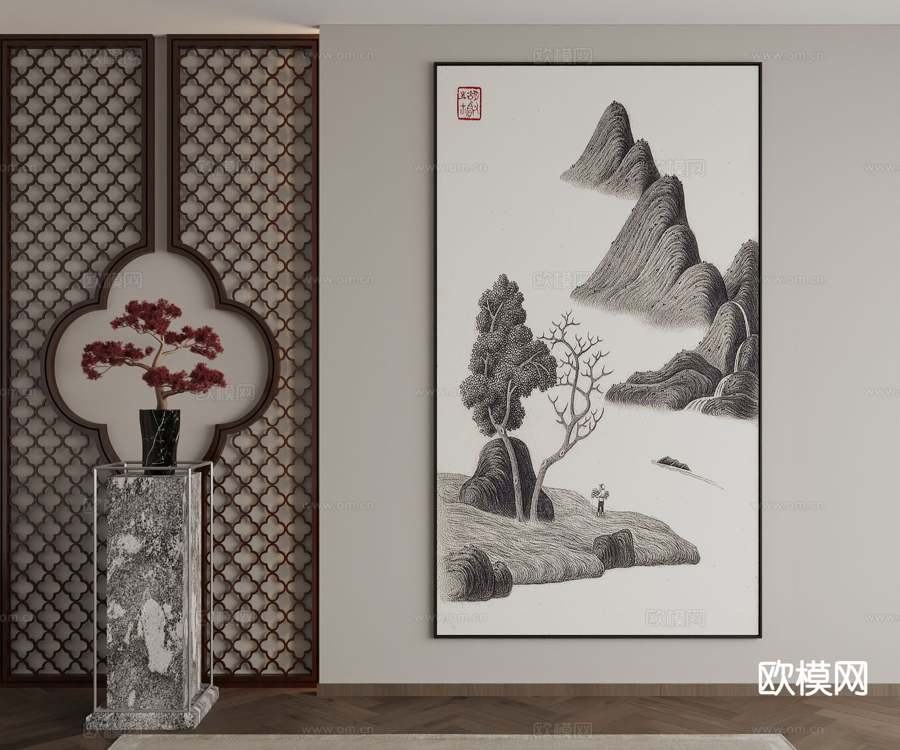 新中式装饰画 山水画 挂画3d模型