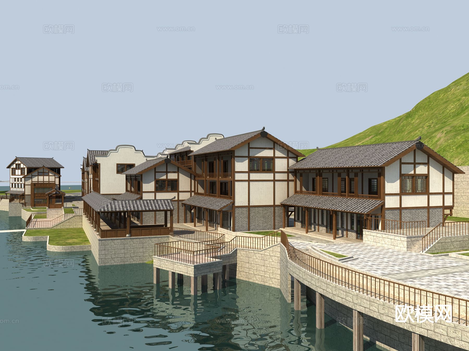 新中式古建 徽派商业街3d模型下载