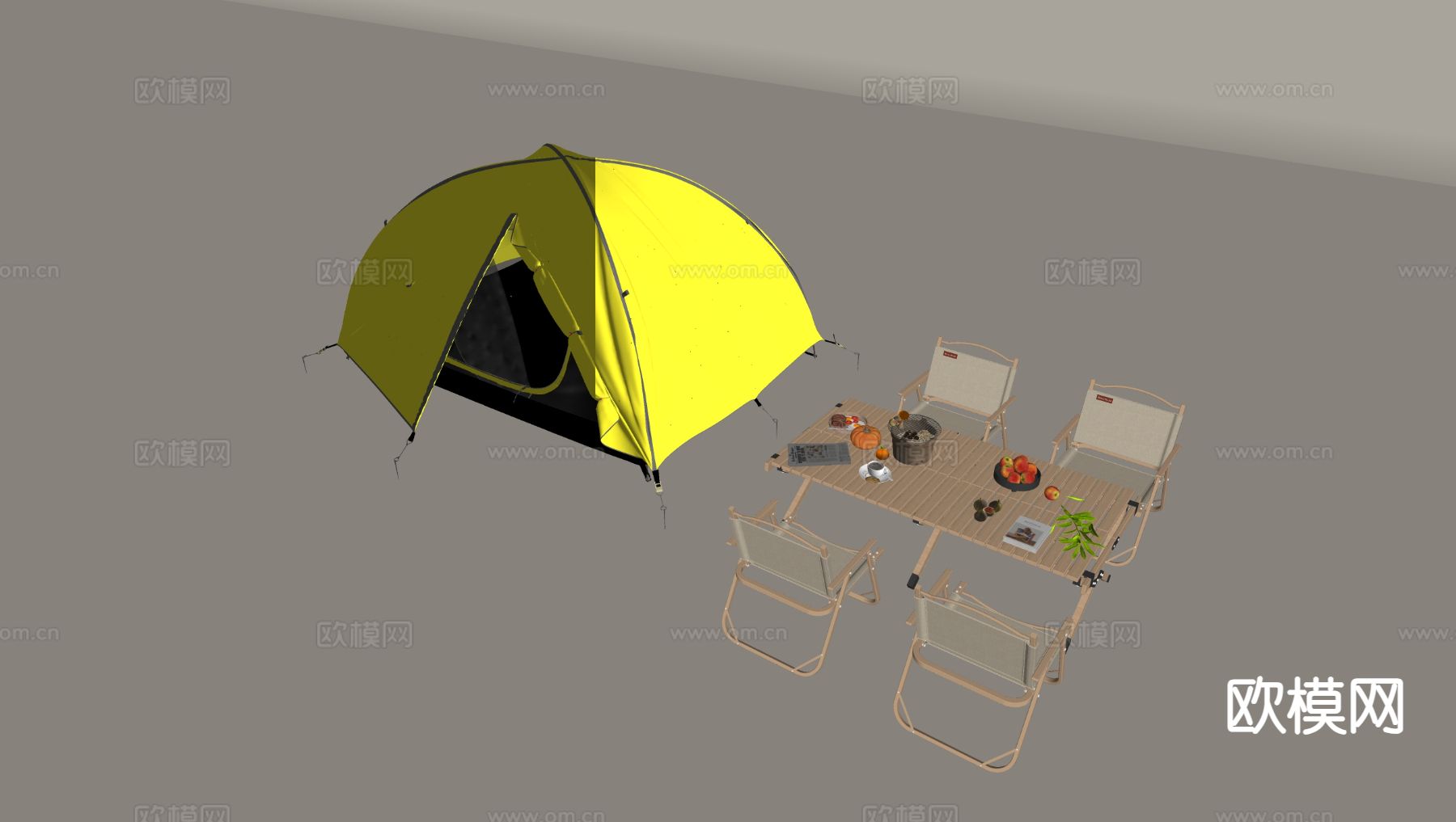 折叠露营帐篷 休闲桌椅su模型下载（渲染图1）