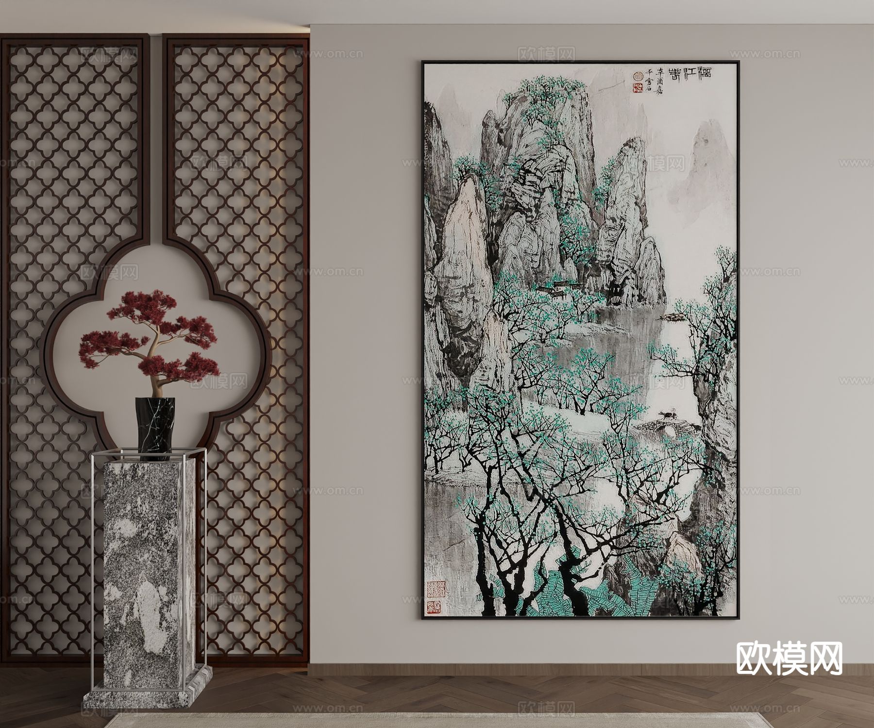 新中式水墨画 山水画 装饰画3d模型