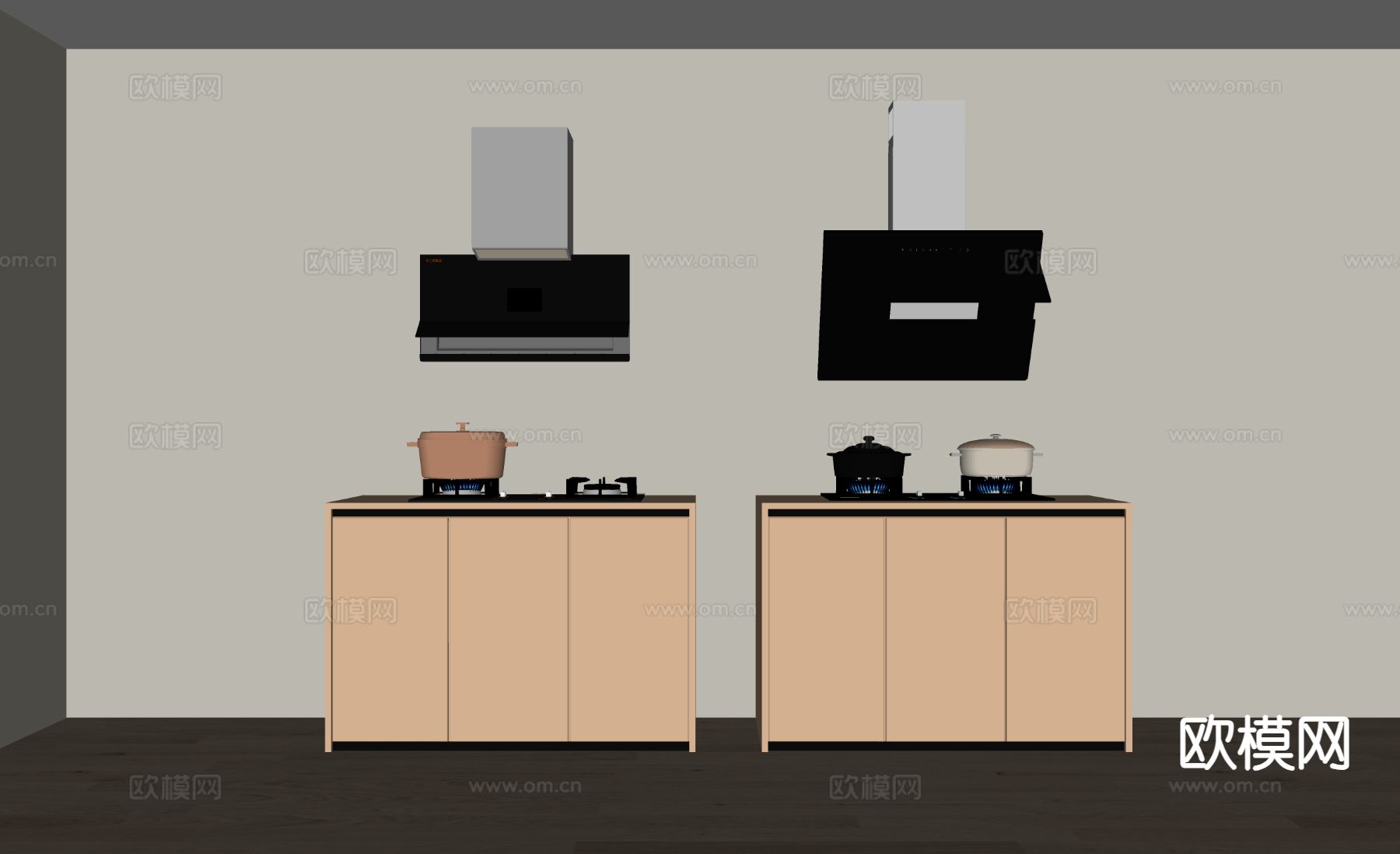 现代天然气灶 燃气灶 油烟机 锅具su模型
