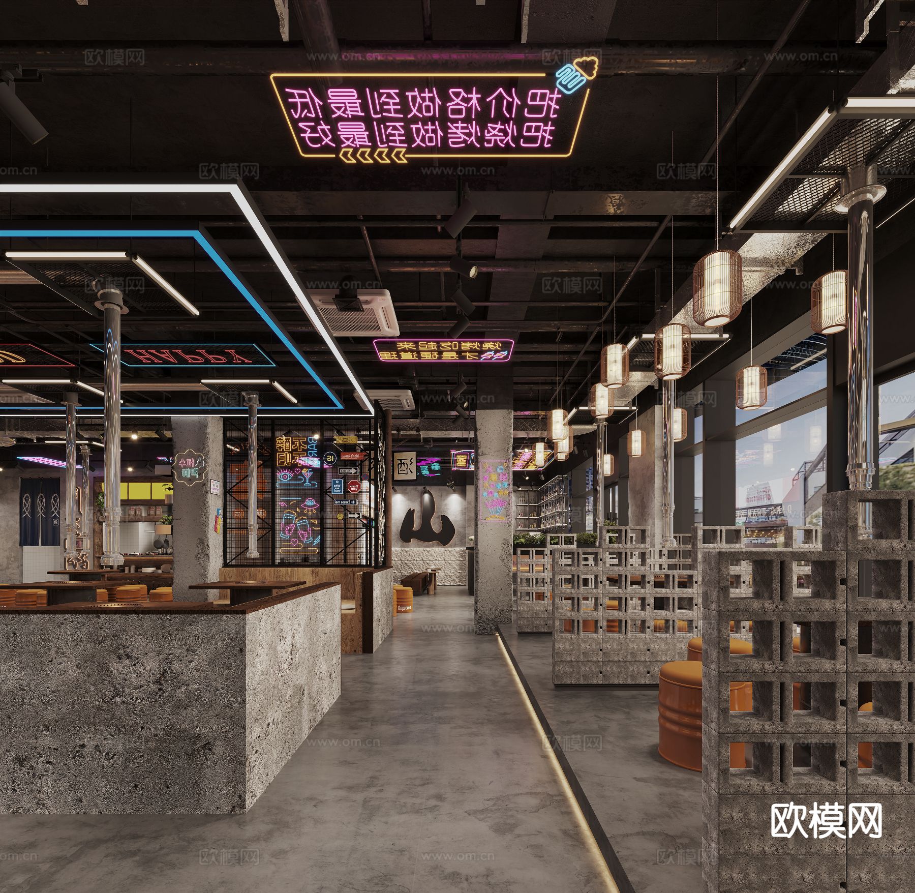 工业风烤肉店 烧烤店 网红餐厅 夜宵3d模型