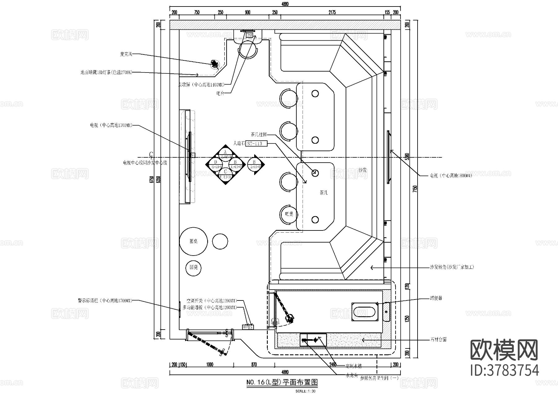 欧式风KTV包间CAD施工图下载（渲染图1）