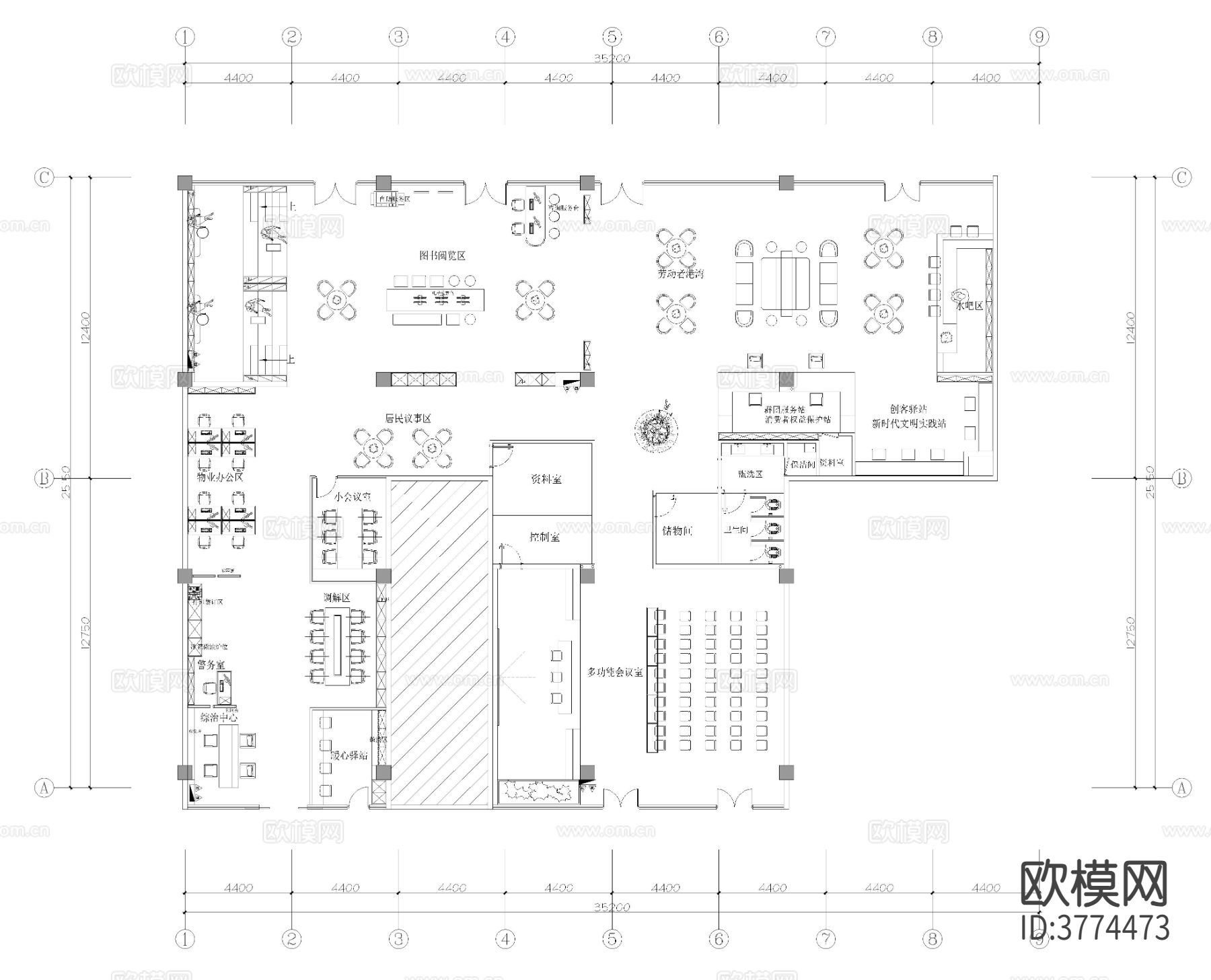 35*25米社区党群服务中心CAD平面图