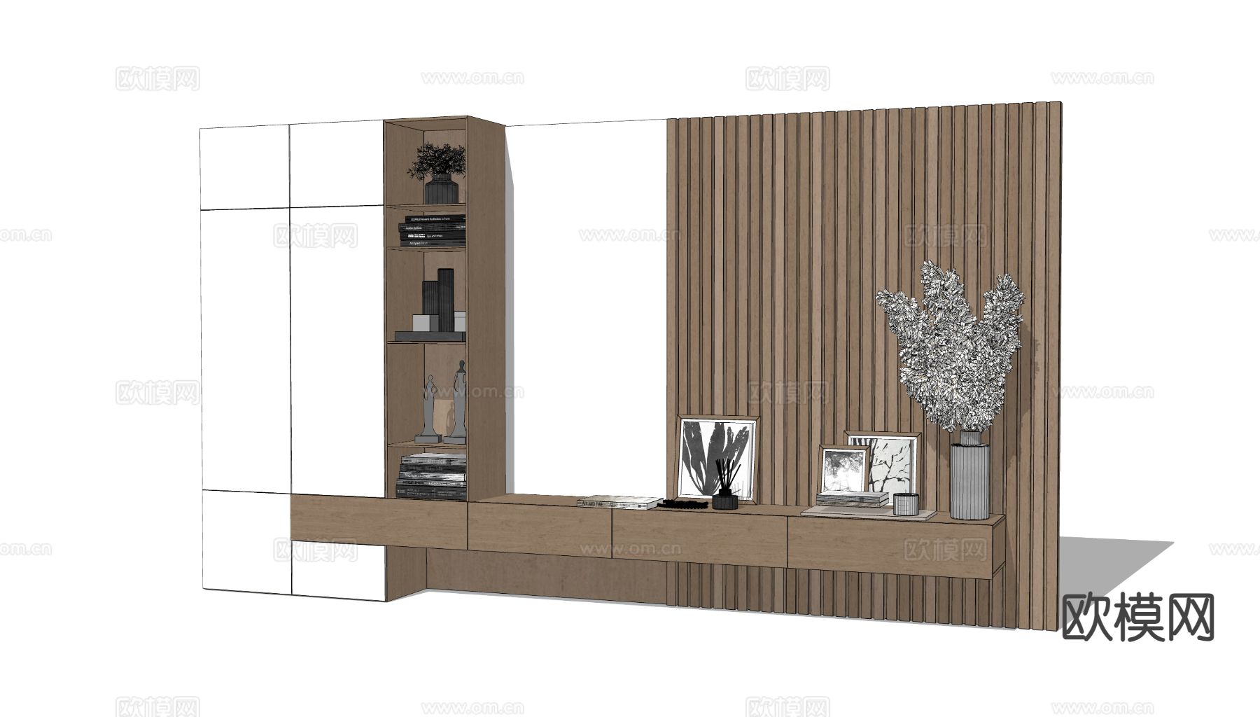 原木电视背景墙柜一体su模型下载（渲染图1）