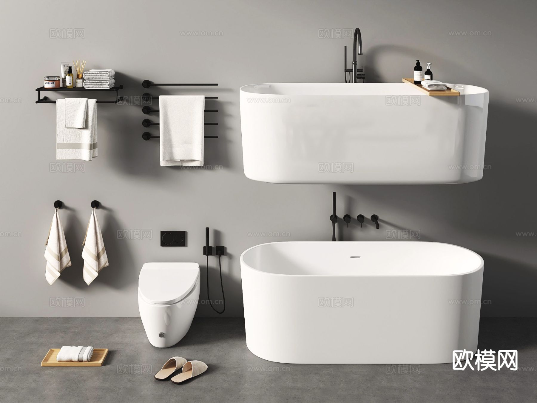 独立浴缸 浴盆 电动毛巾架 马桶 浴巾架 拖鞋3d模型下载