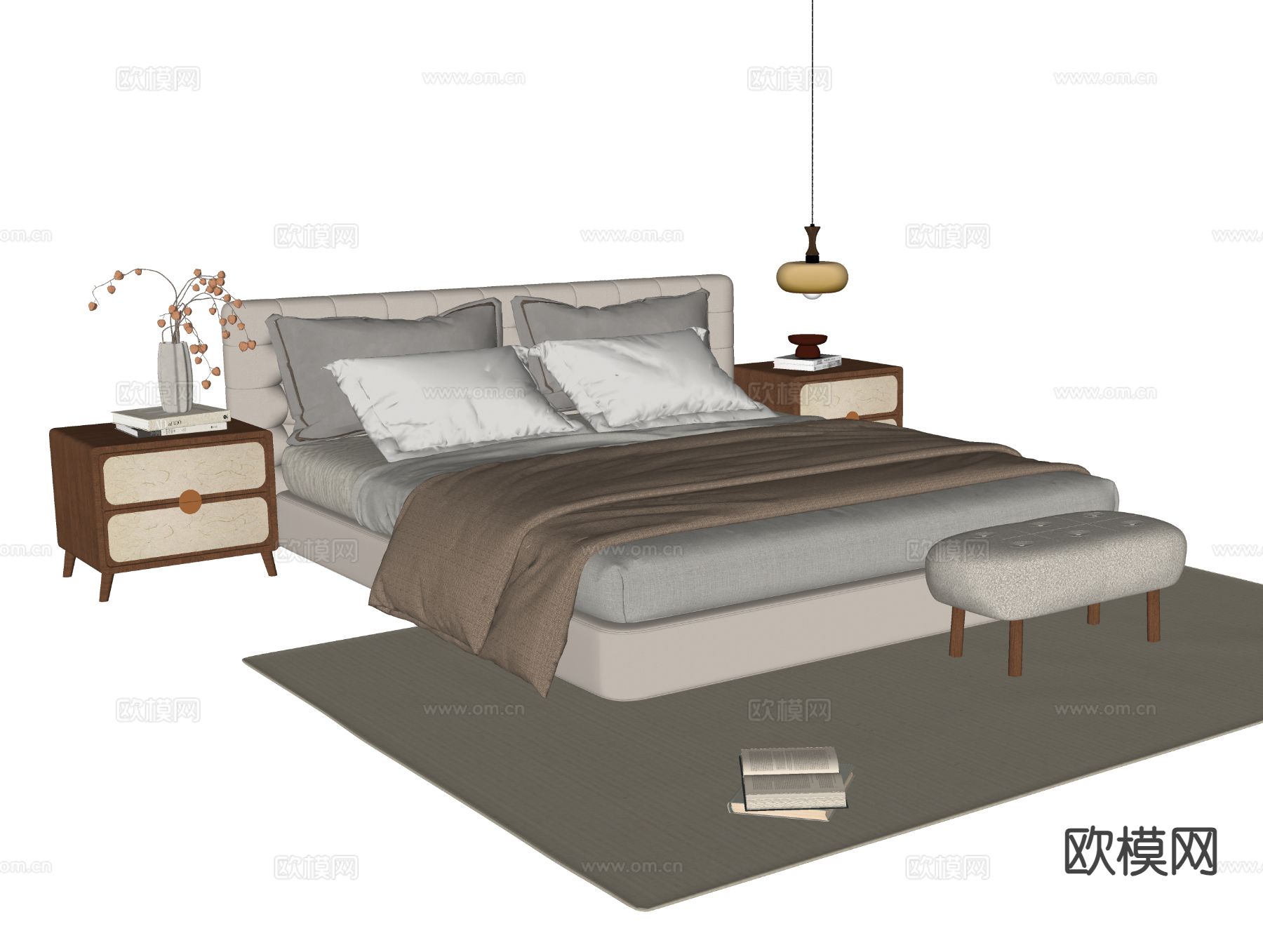 现代双人床su模型下载（渲染图1）