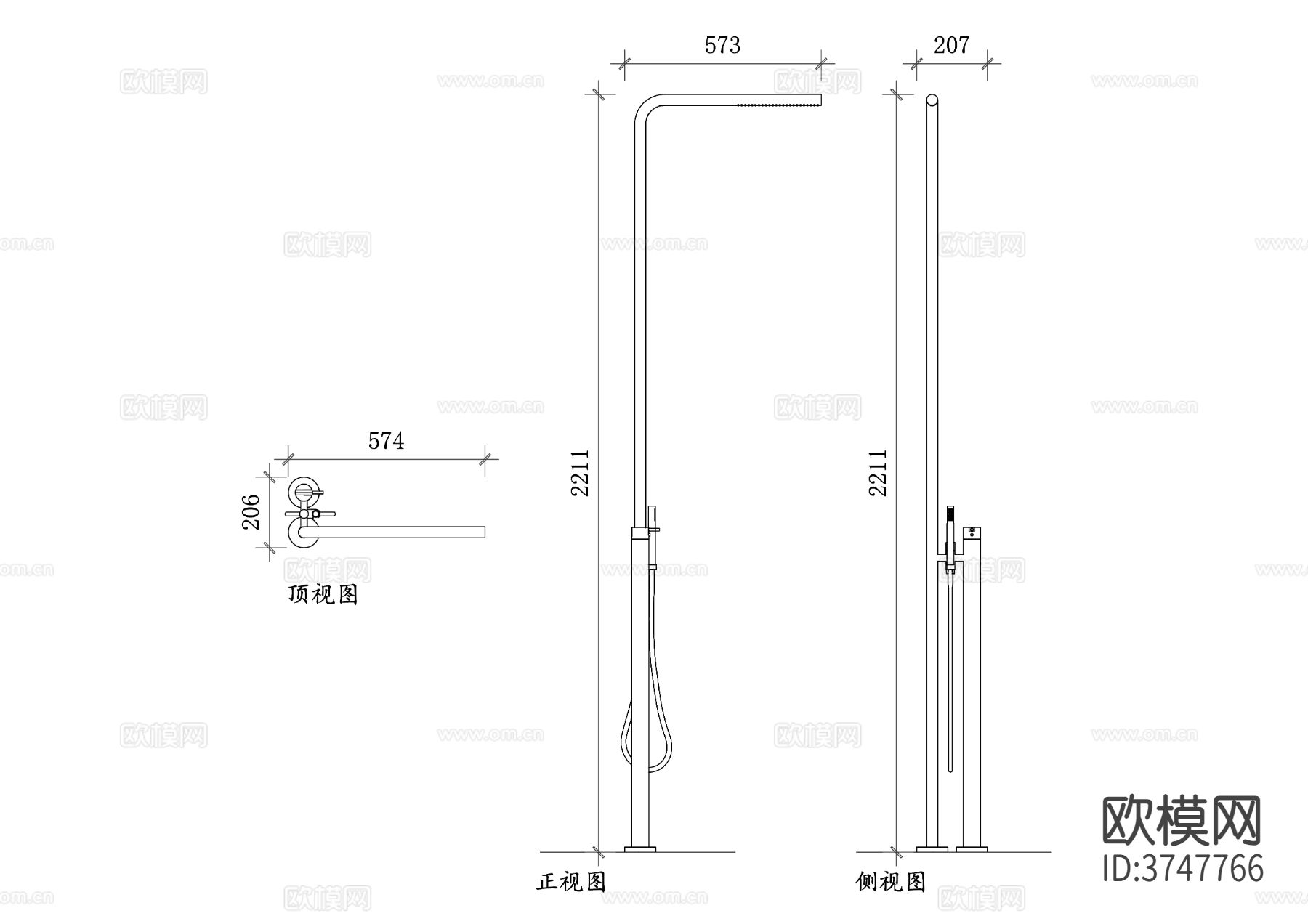 现代风格淋浴设施CAD三视图下载