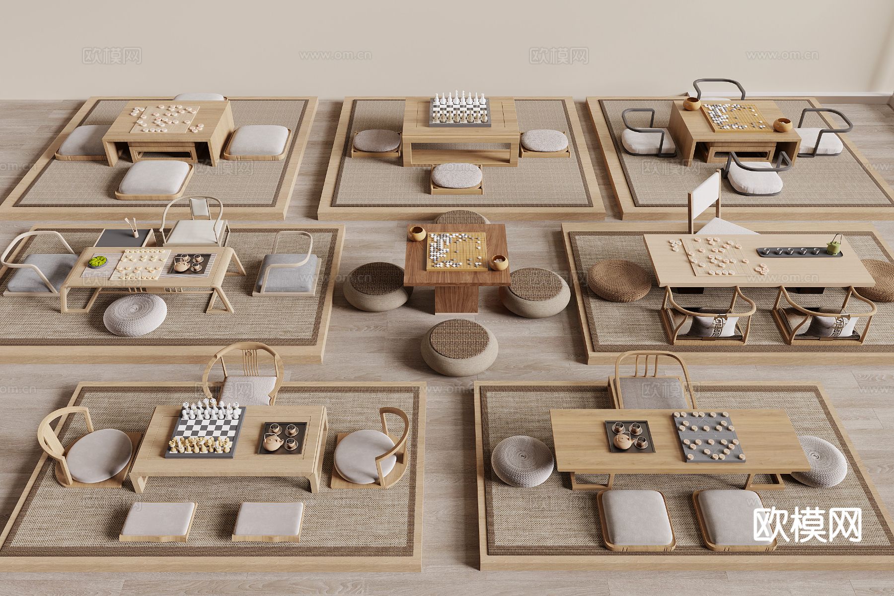 新中式棋牌桌椅 榻榻米棋桌3d模型下载