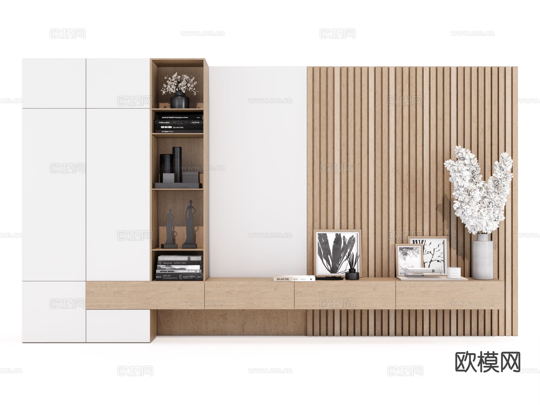 原木电视背景墙柜一体su模型下载（渲染图3）