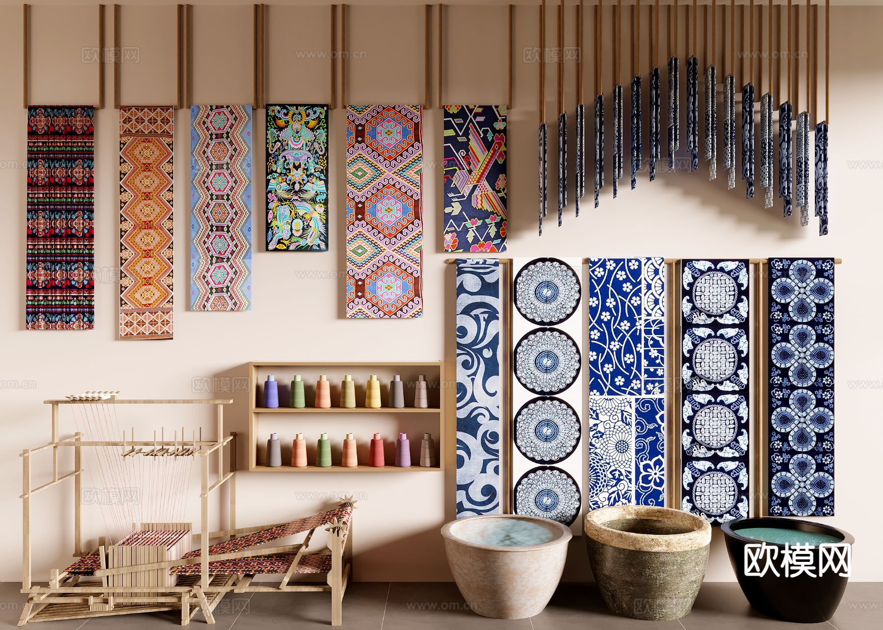 中式民族风扎染 织布3d模型下载