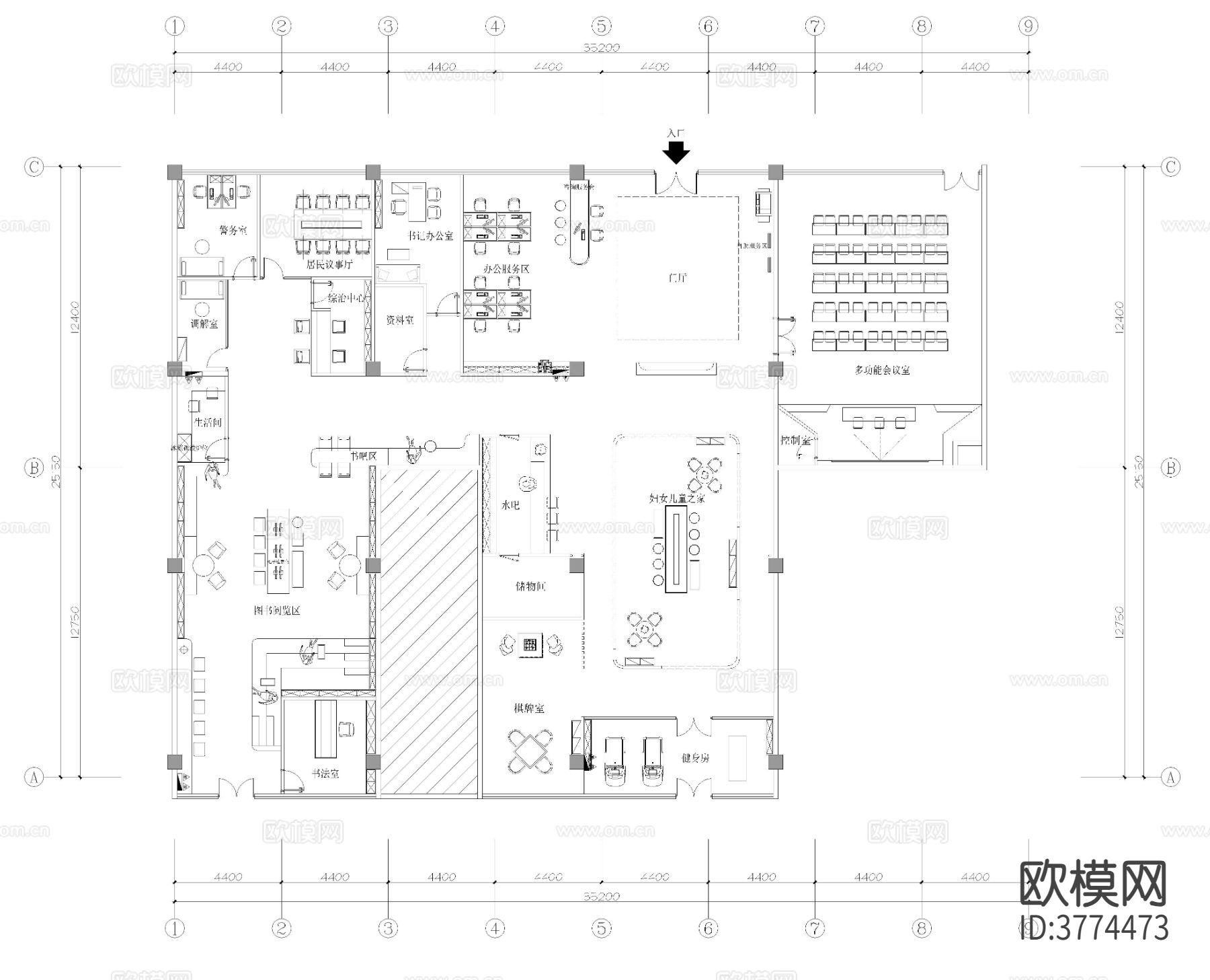 35*25米社区党群服务中心CAD平面图