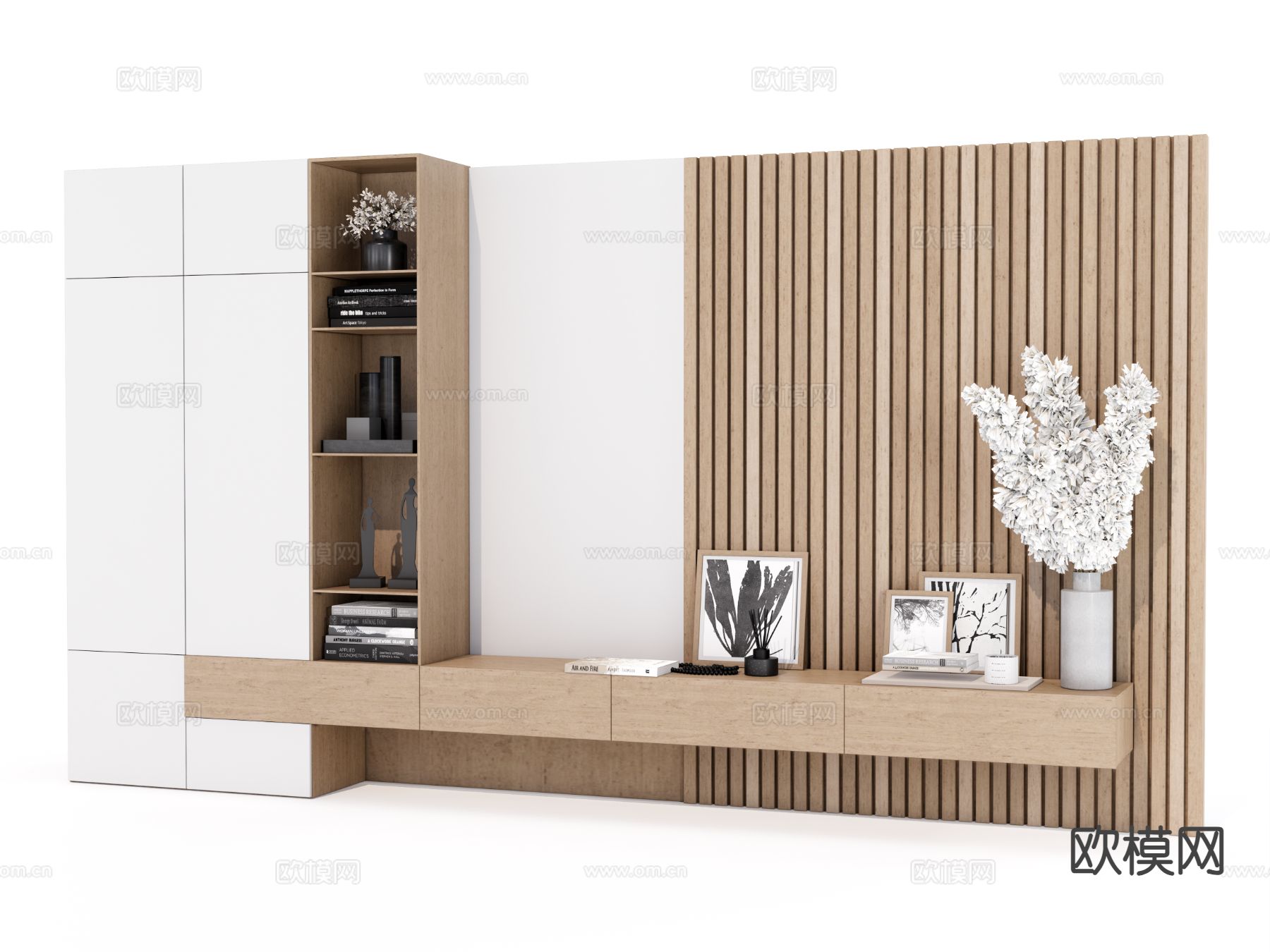 原木电视背景墙柜一体su模型下载（渲染图2）