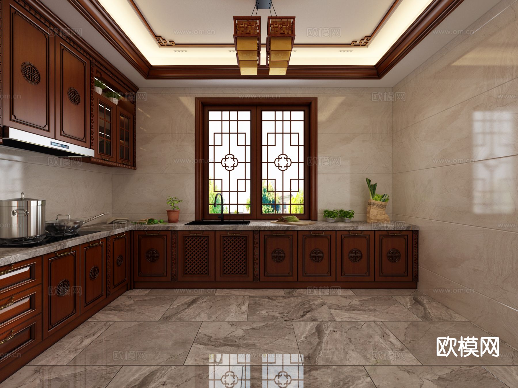 中式厨房 橱柜3d模型下载（渲染图1）