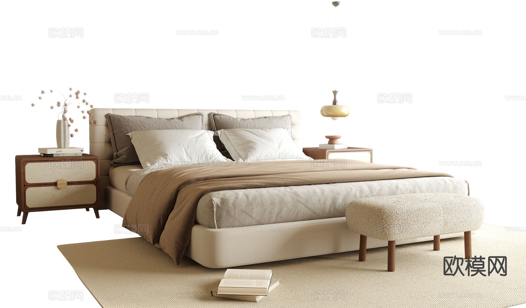 现代双人床su模型下载（渲染图2）