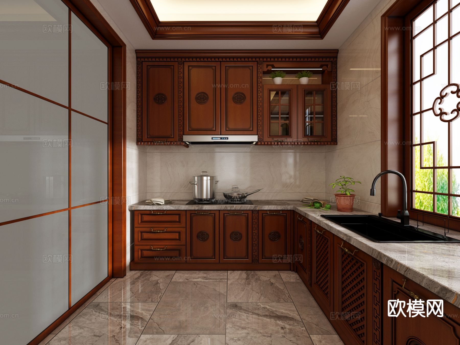 中式厨房 橱柜3d模型下载（渲染图2）