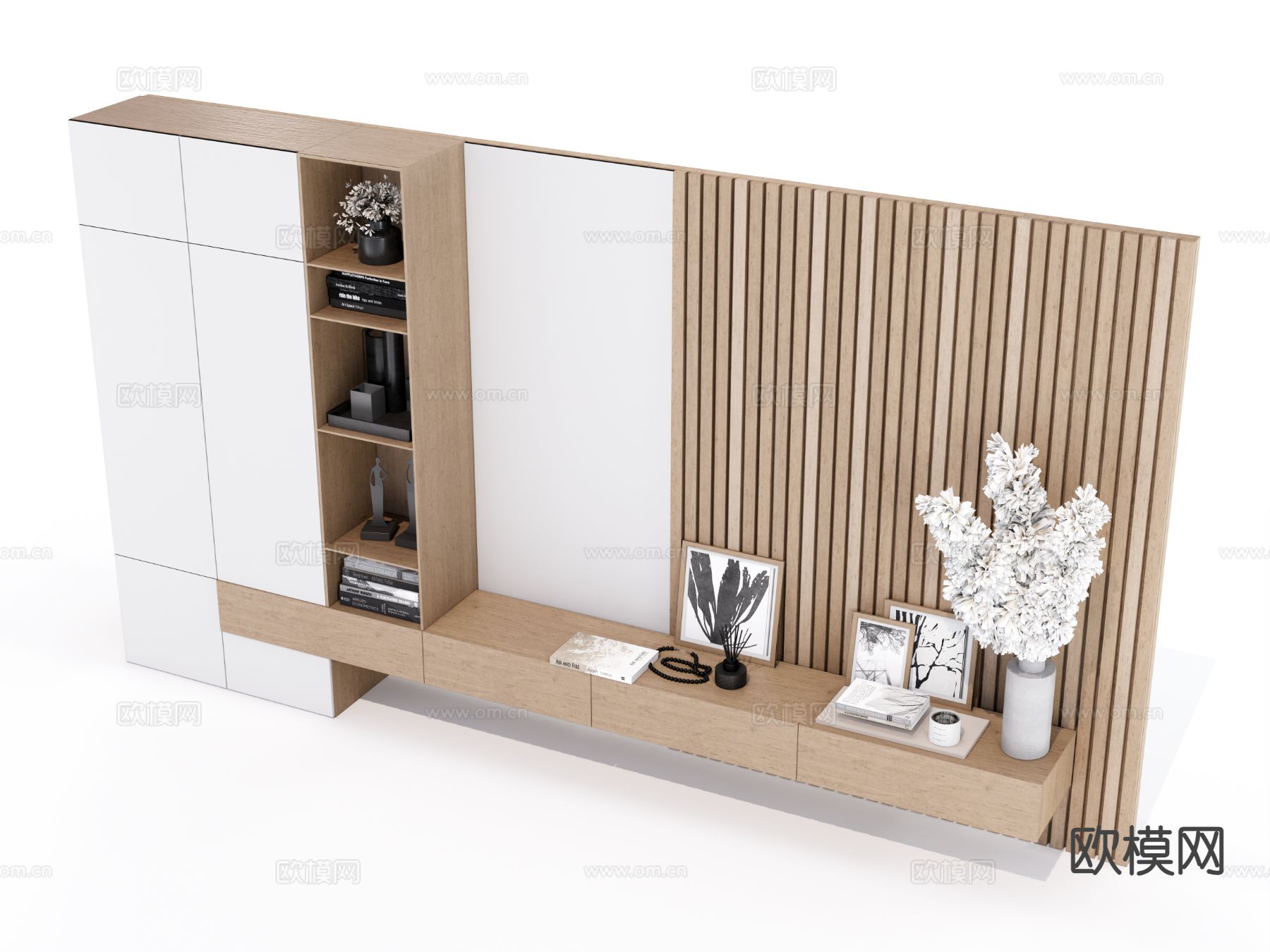 原木电视背景墙柜一体su模型下载（渲染图4）