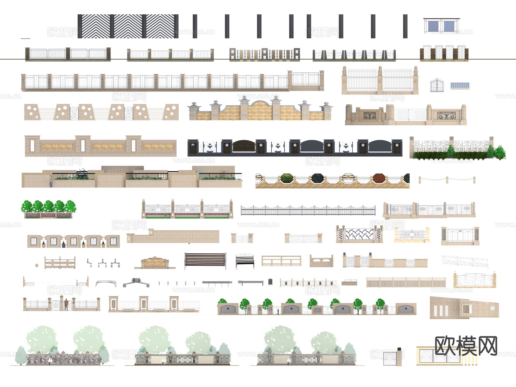 围墙 景观铁艺围墙 景墙3d模型