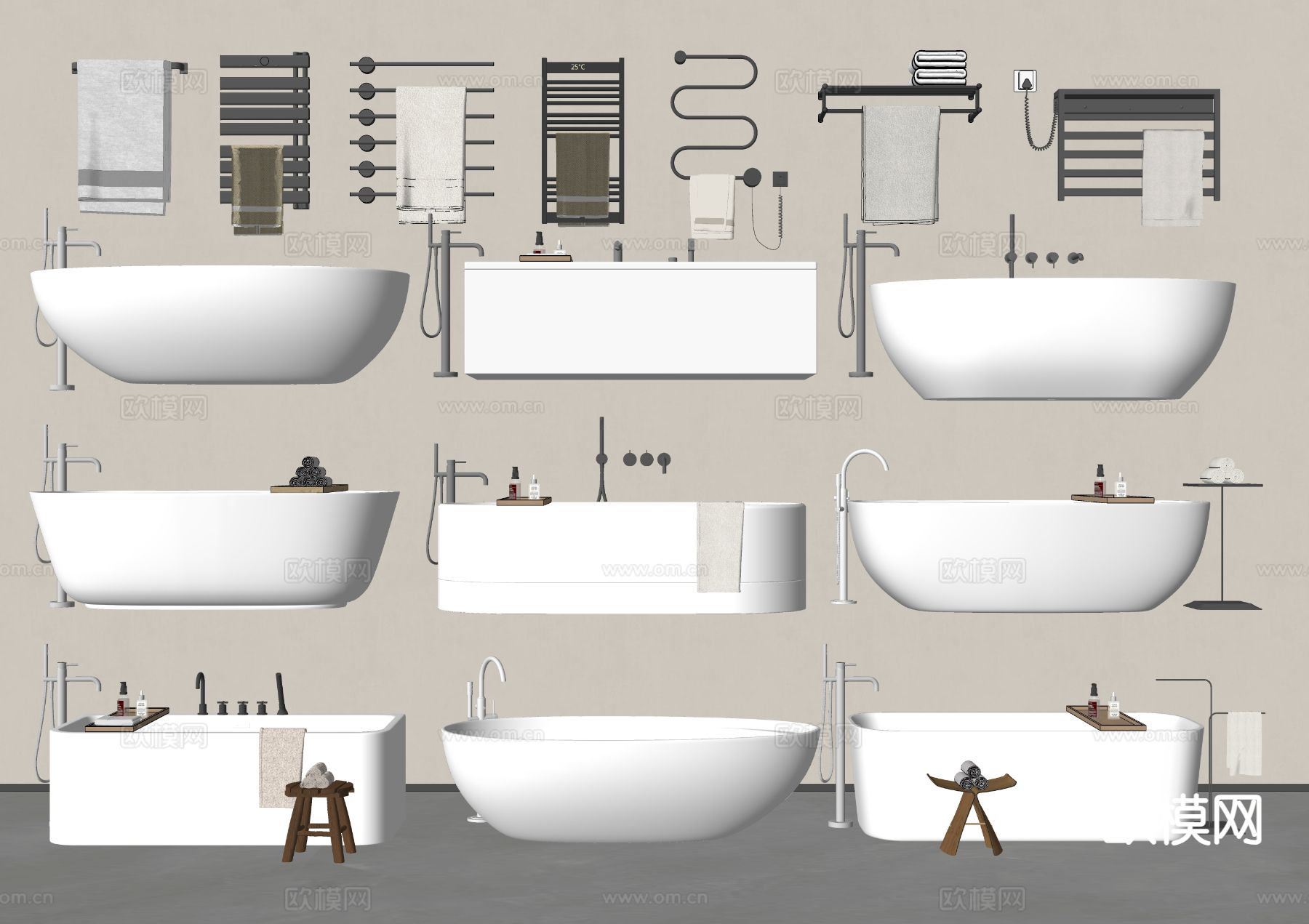 现代浴缸 浴盆 毛巾架su模型