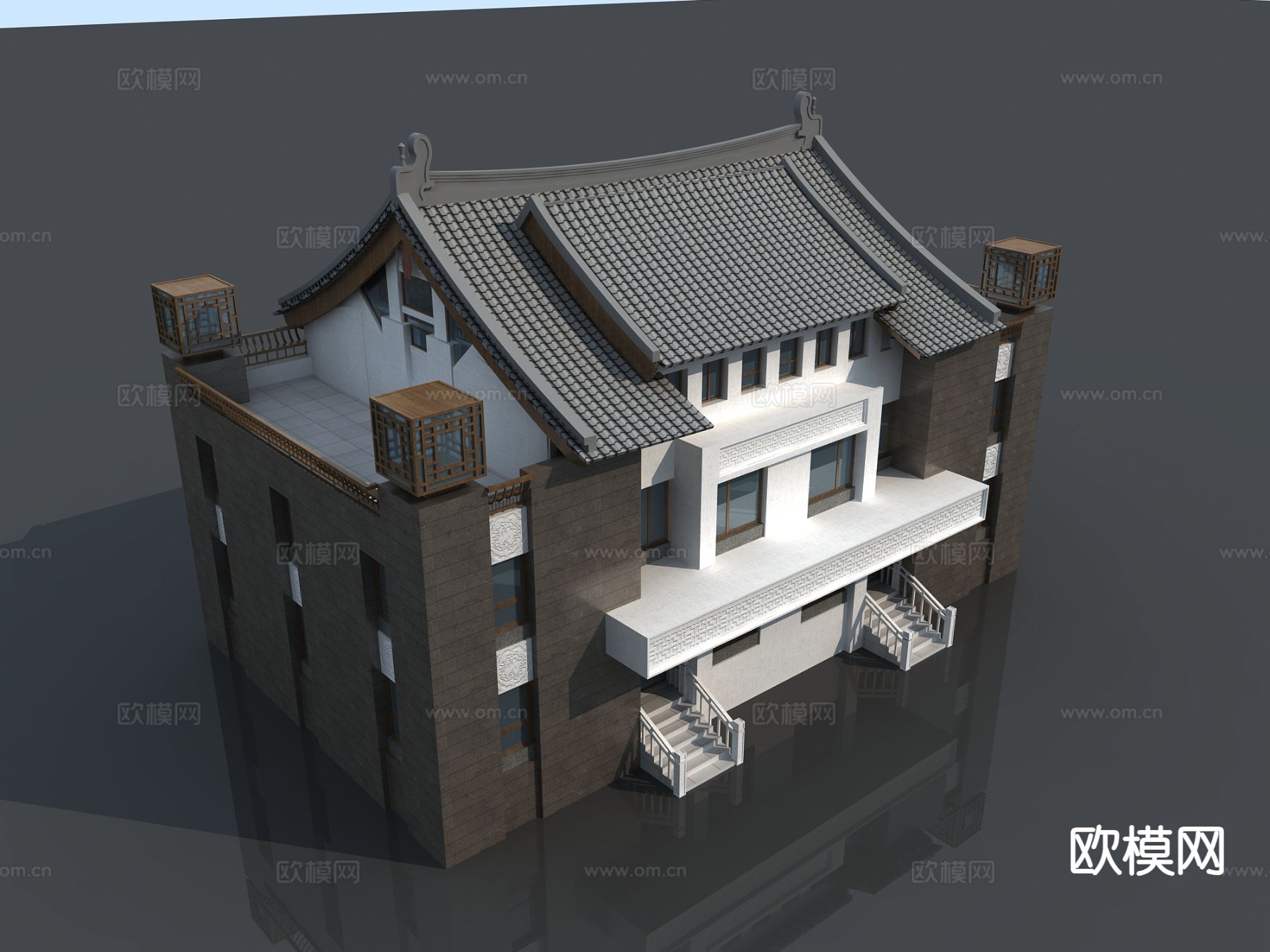 新中式徽派古建 多层别墅外观3d模型