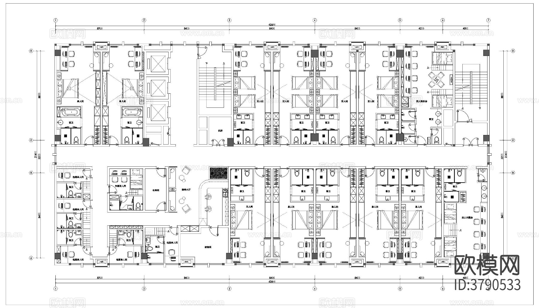 电竞酒店CAD平面图下载（渲染图1）