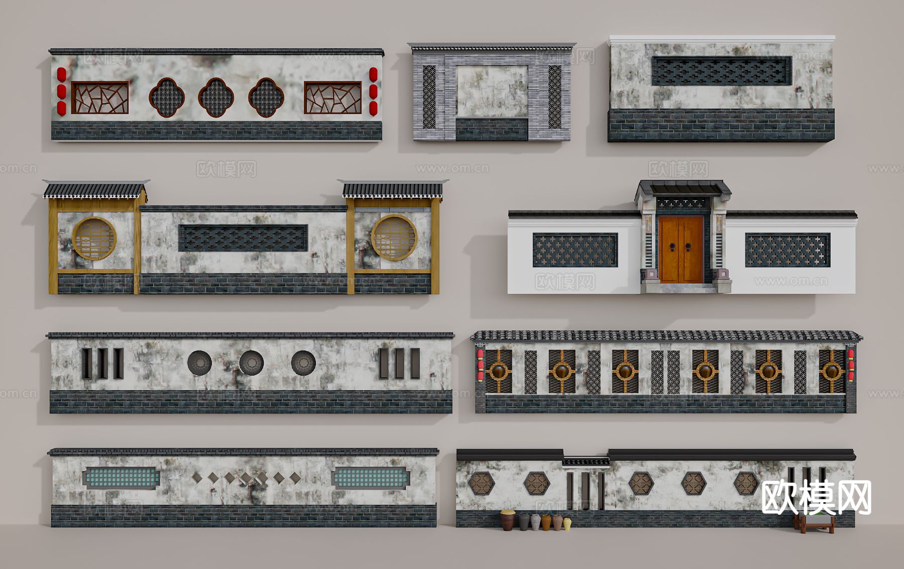 中式庭院围墙3d模型下载